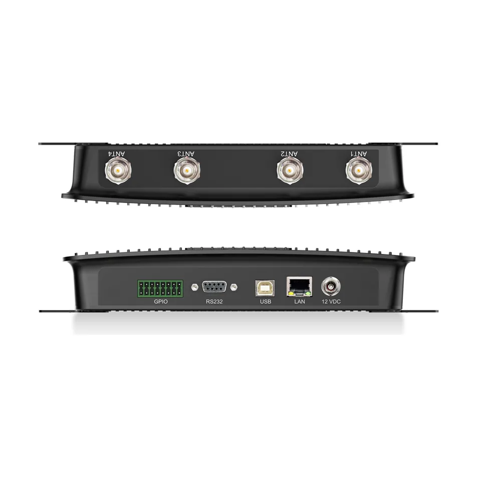 Lettore RFID UHF Newland URF520 Solea - vista lati connettori (antenne ANT1-ANT4 sopra, GPIO/RS232/USB/LAN/12 VDC sotto)