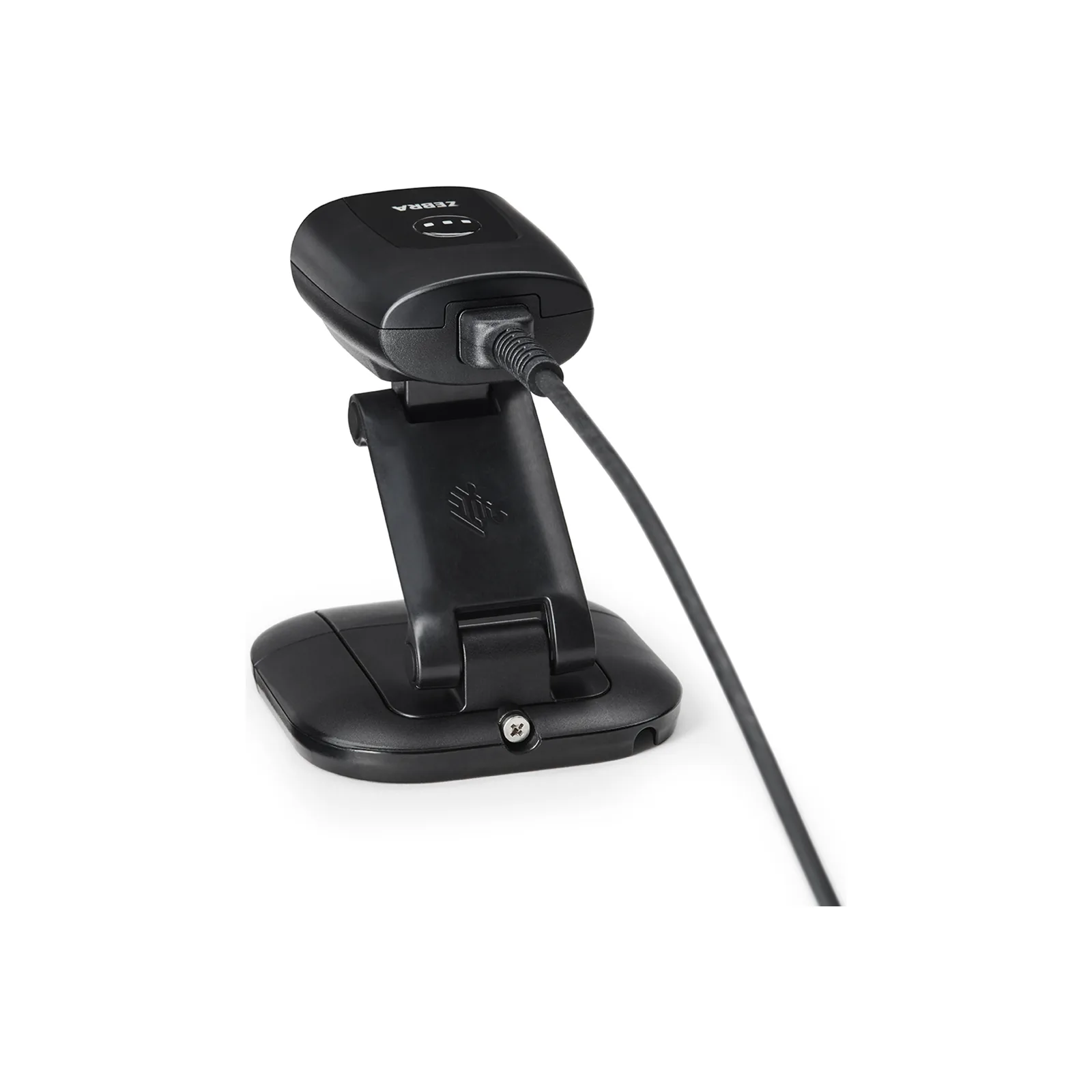 Lettore Zebra DS55 - vista retro, nero, su supporto da banco