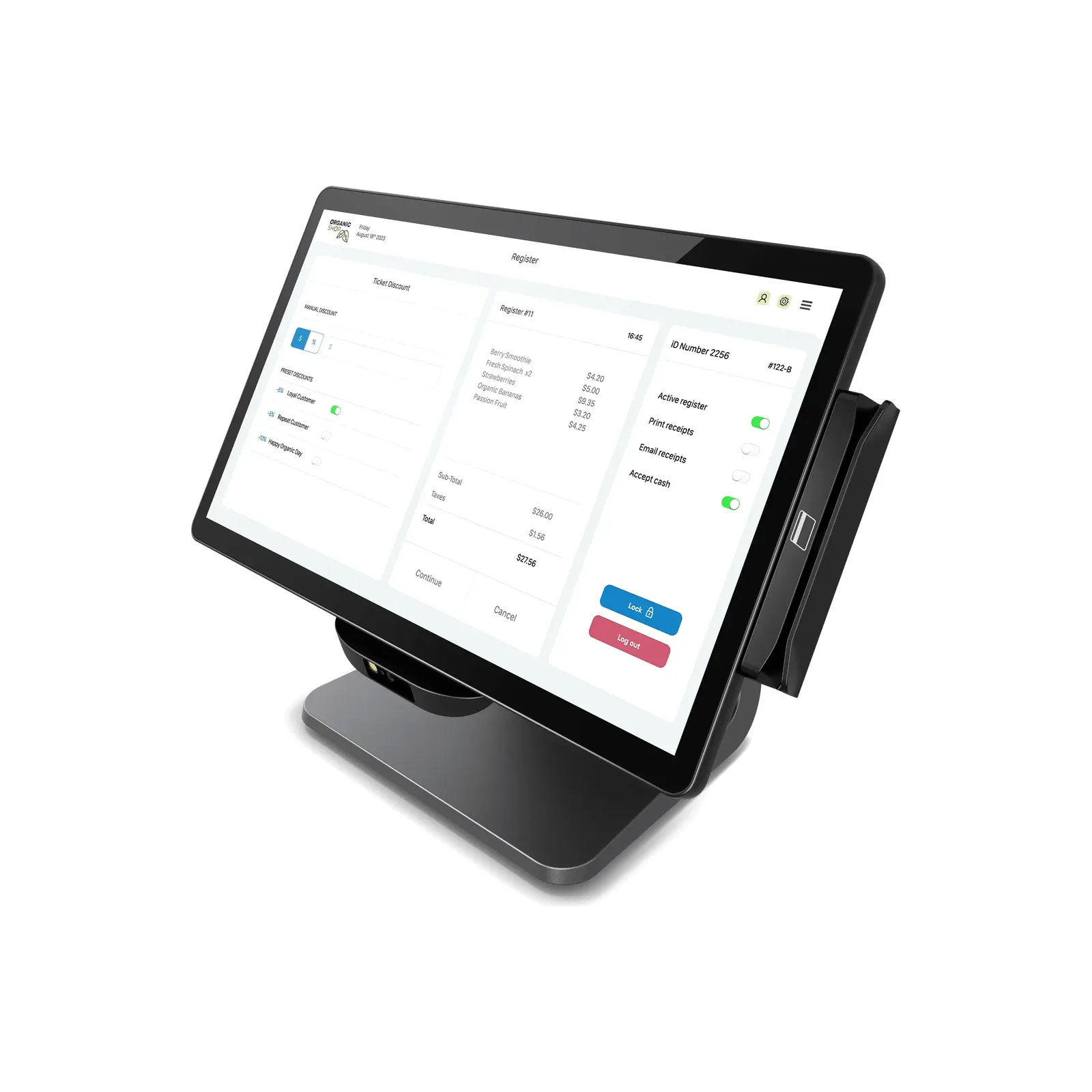Monitor Touch Elo E-Series 3 - vista laterale (in uso, con lettore banda magnetica)