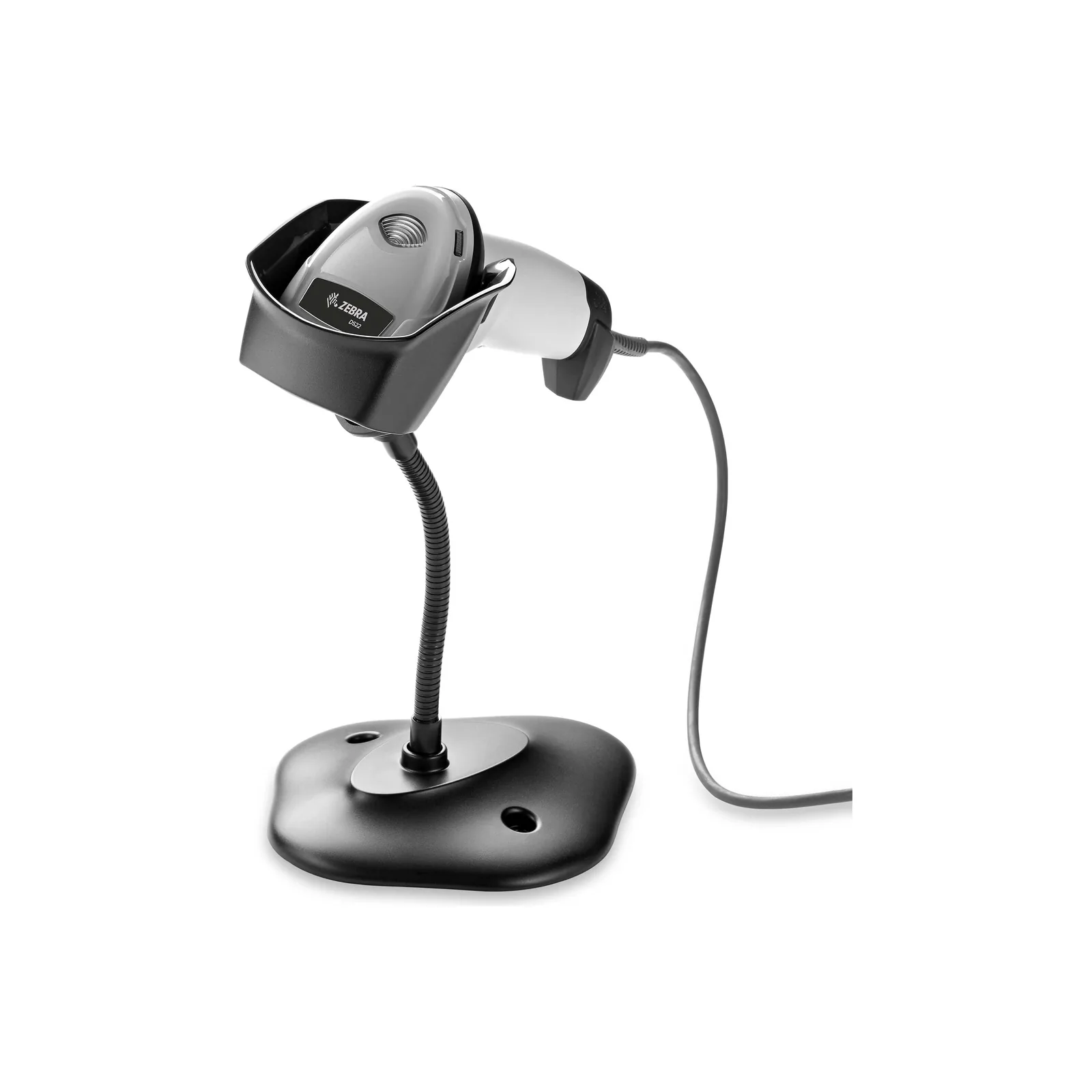 Scanner Zebra DS2208 - vista fronte-sinistra, bianco, su base a collo d'oca