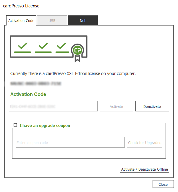 Software cardPresso - finestra della licenza con il campo del coupon di aggiornamento