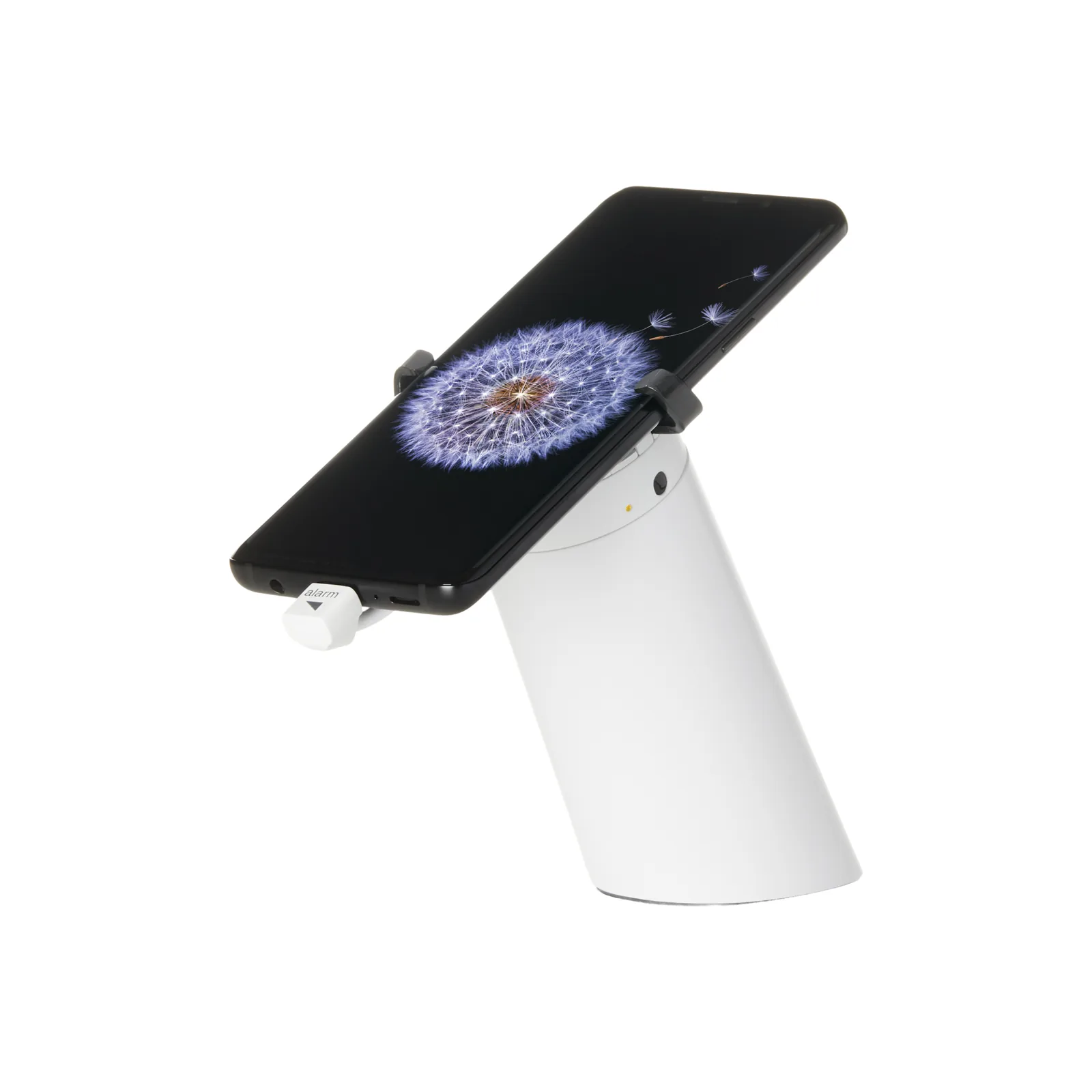 Soluzioni Antitaccheggio a Libero Tocco per Prodotti in Esposizione | Sicurezza e Merchandising Retail - vista tre quarti, supporto con staffe e smartphone