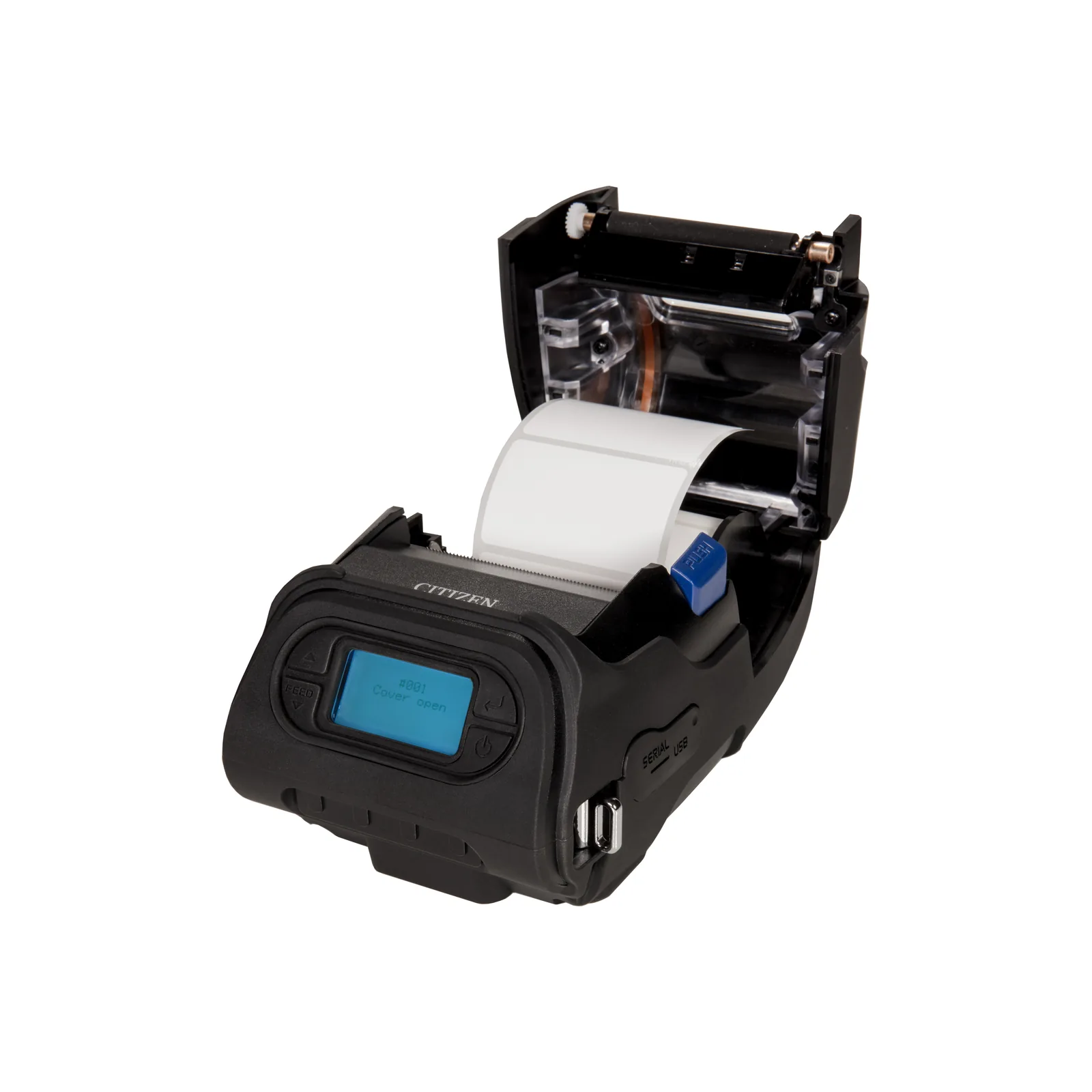 Stampante Citizen CMP-25L - vista aperta, con il rotolo