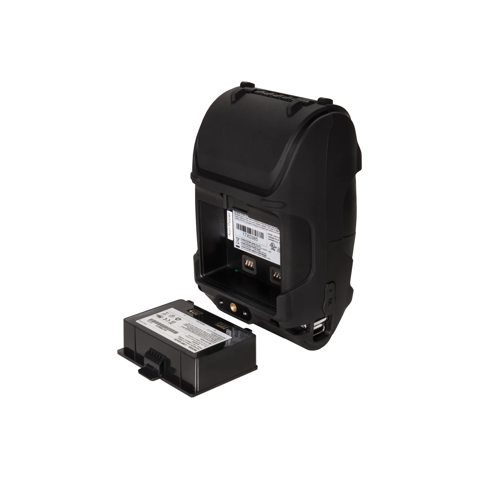 Stampante Citizen CMP-25L - vista retro/sotto, con la batteria estratta