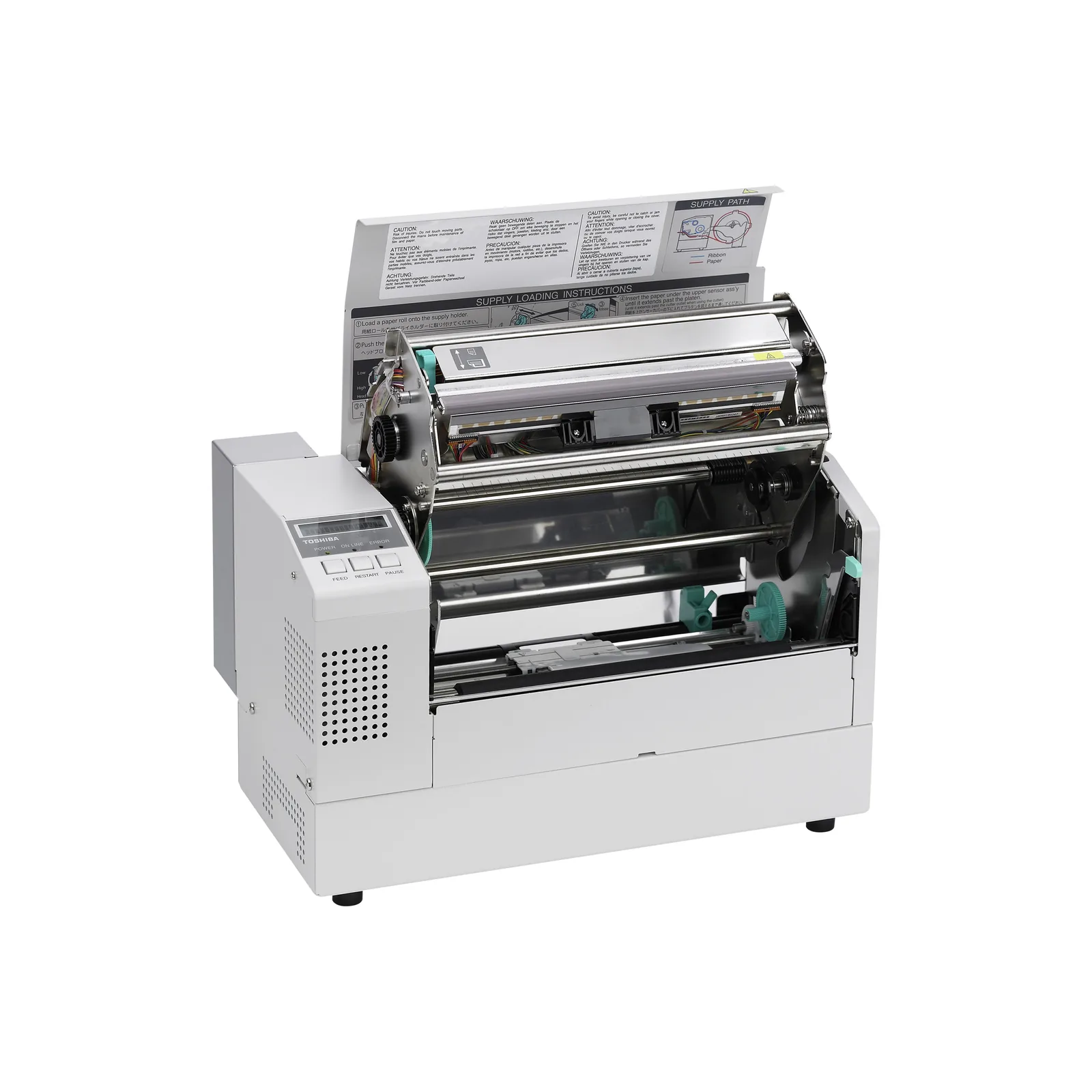 Stampante Toshiba B-852-R - vista aperta (coperchio superiore sollevato, meccanica in vista)