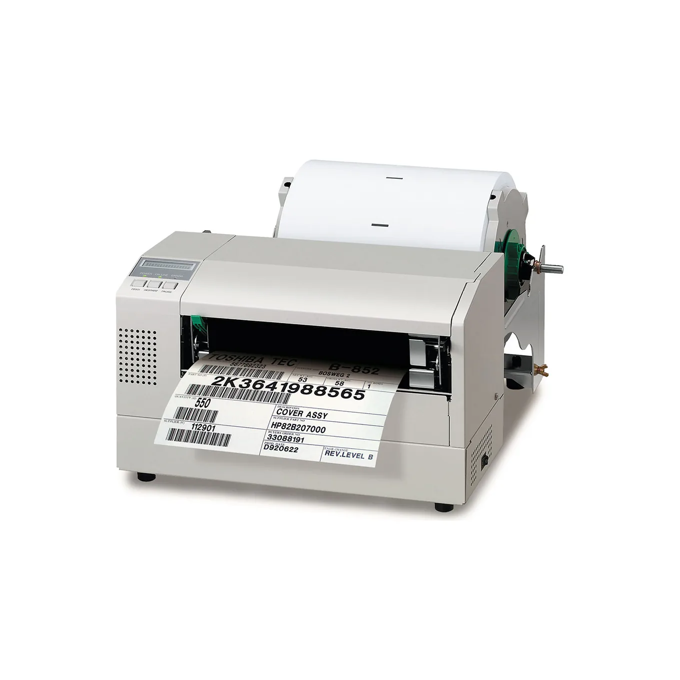 Stampante Toshiba B-852-R - vista tre quarti destra, con rotolo esterno