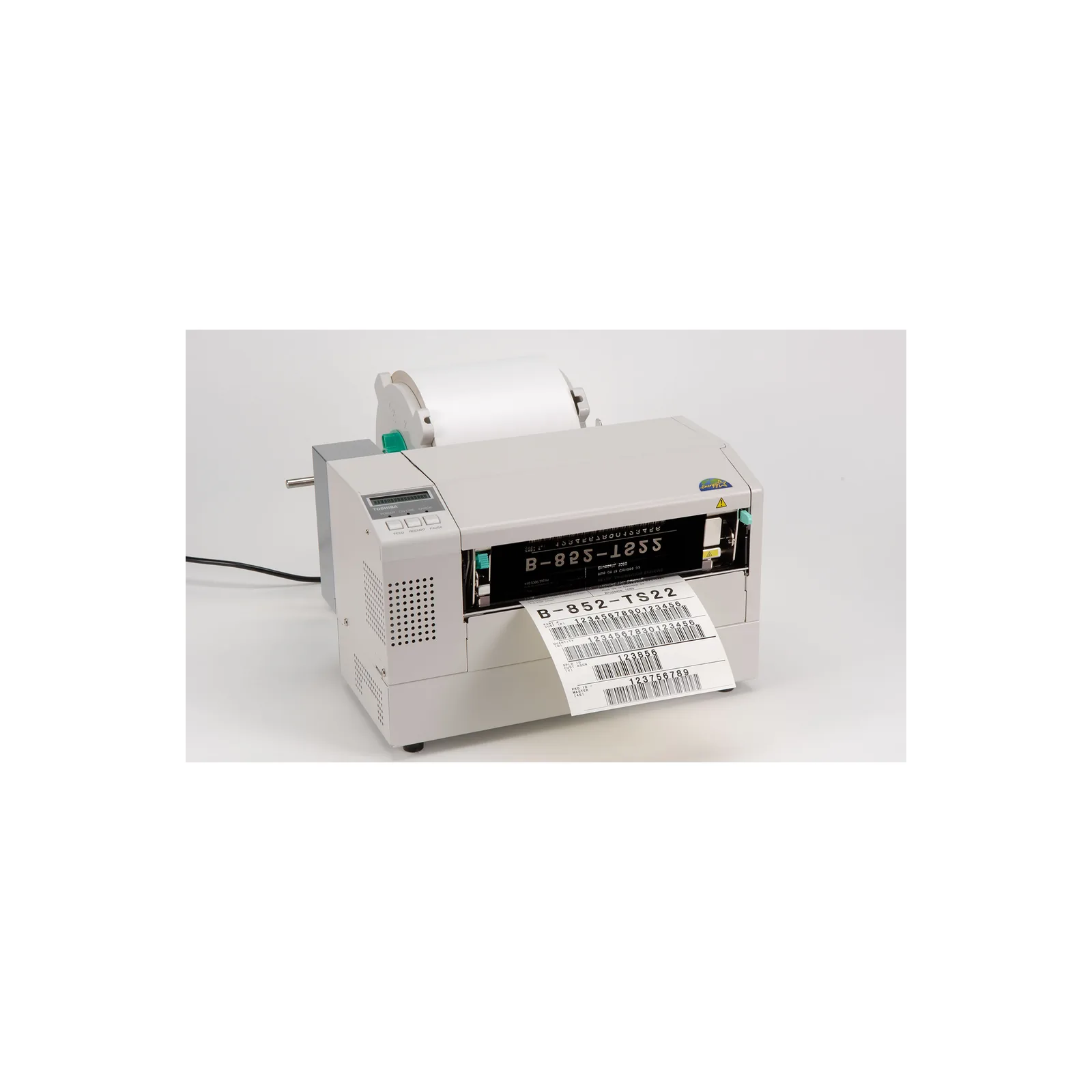 Stampante Toshiba B-852-R - vista tre quarti sinistra, con rotolo esterno