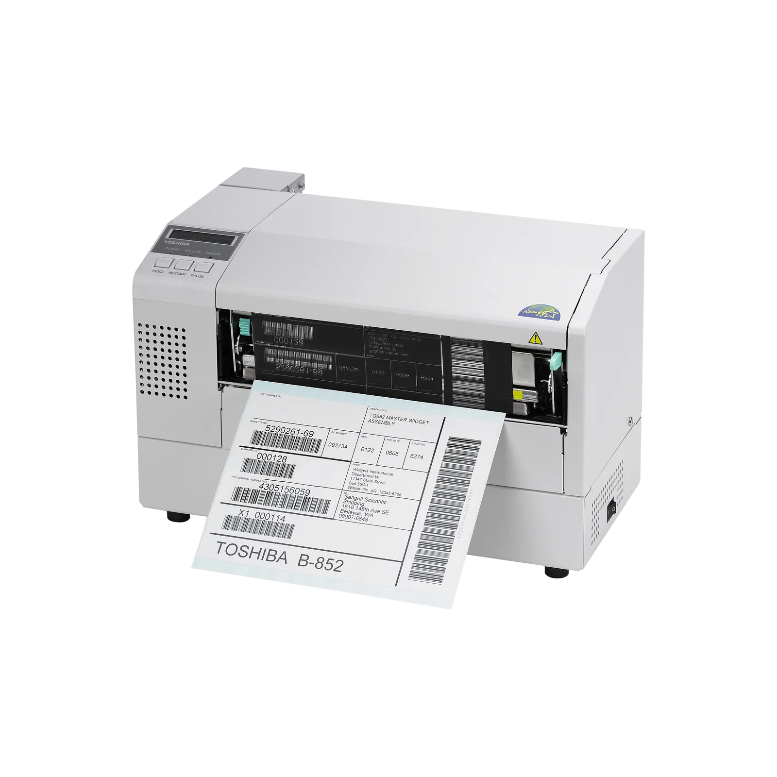 Stampante Toshiba B-852-R - vista tre quarti sinistra con etichetta grande stampata