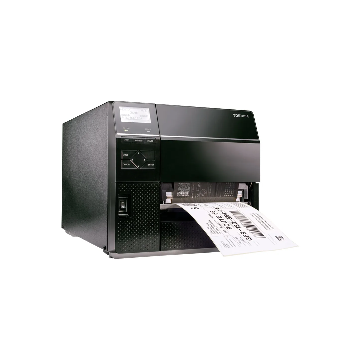 Stampante Toshiba B-EX6 - vista tre quarti destra, con etichetta in uscita