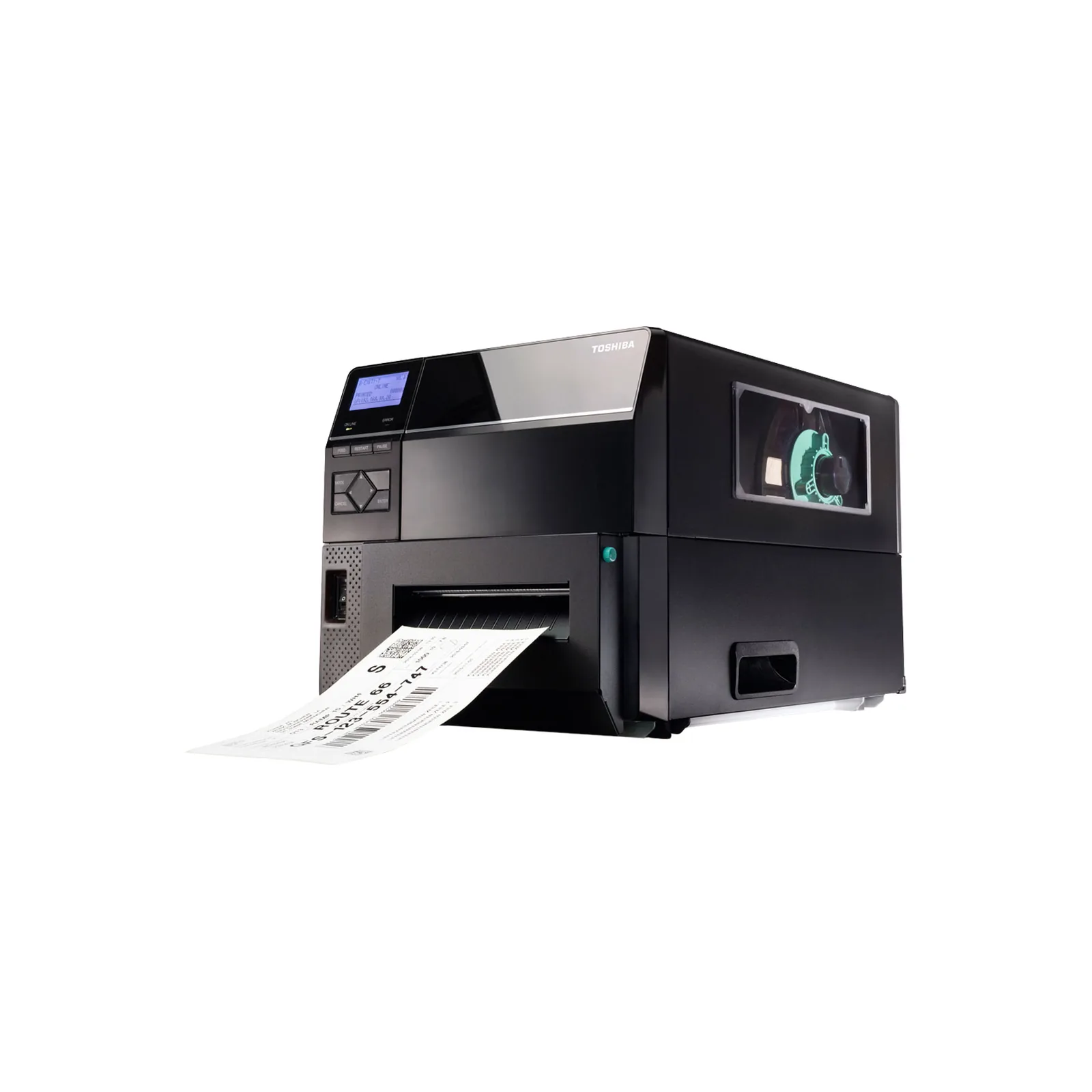 Stampante Toshiba B-EX6 - vista tre quarti sinistra, con taglierina ed etichetta
