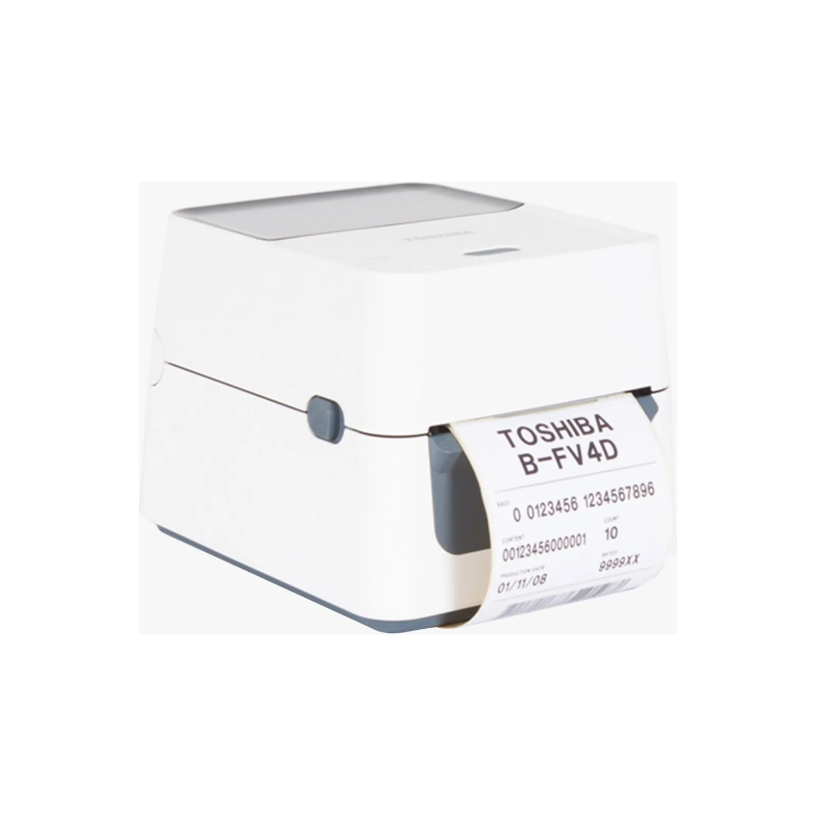 Stampante Toshiba B-FV4D - vista tre quarti da destra, con etichetta