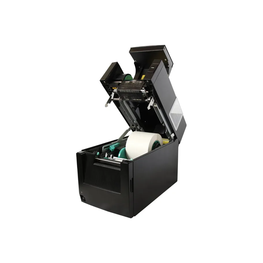 Stampante Toshiba BA410T - vista aperta (coperchio ribaltato, rotolo in vista)