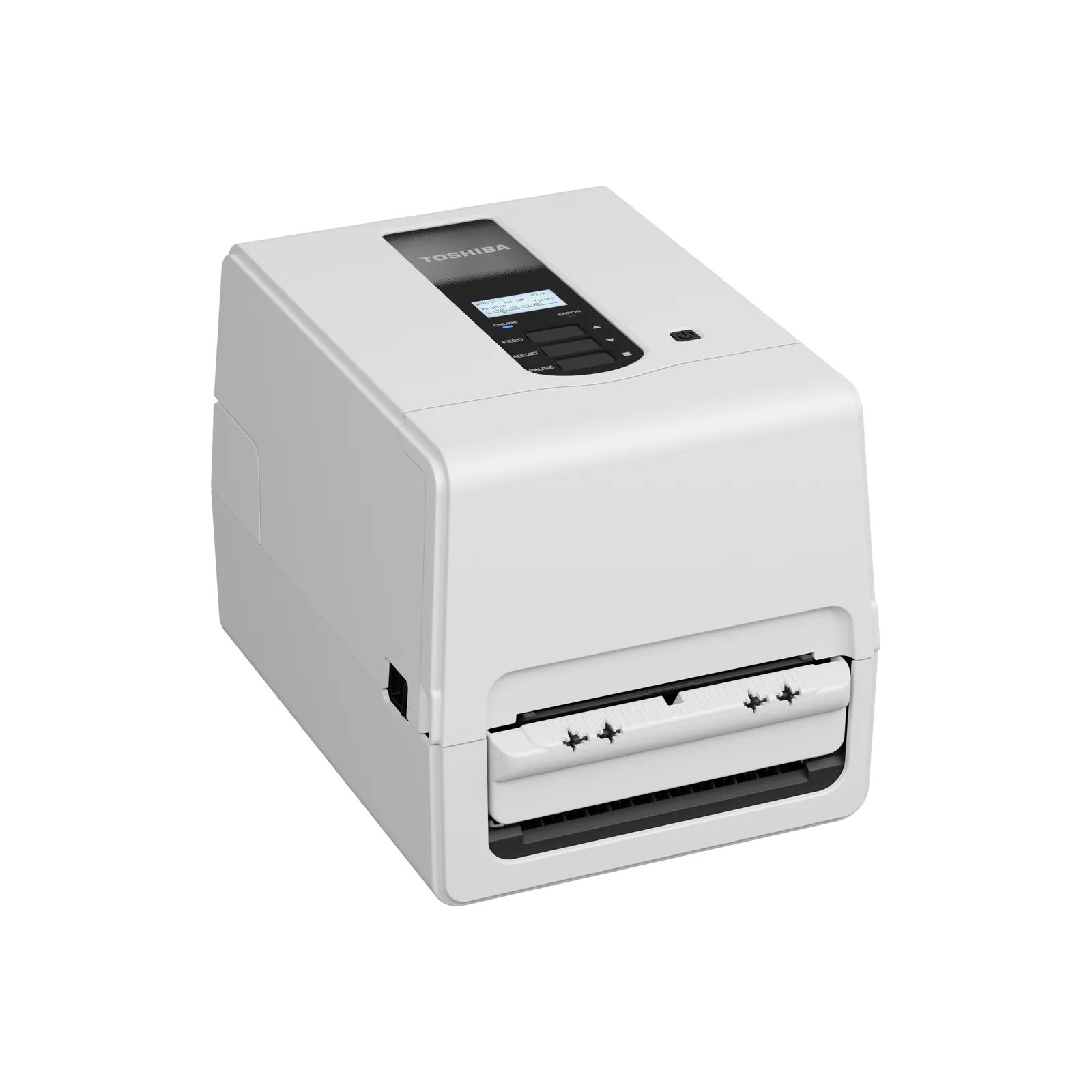 Stampante Toshiba BV410T - vista tre quarti da destra, con spellicolatore
