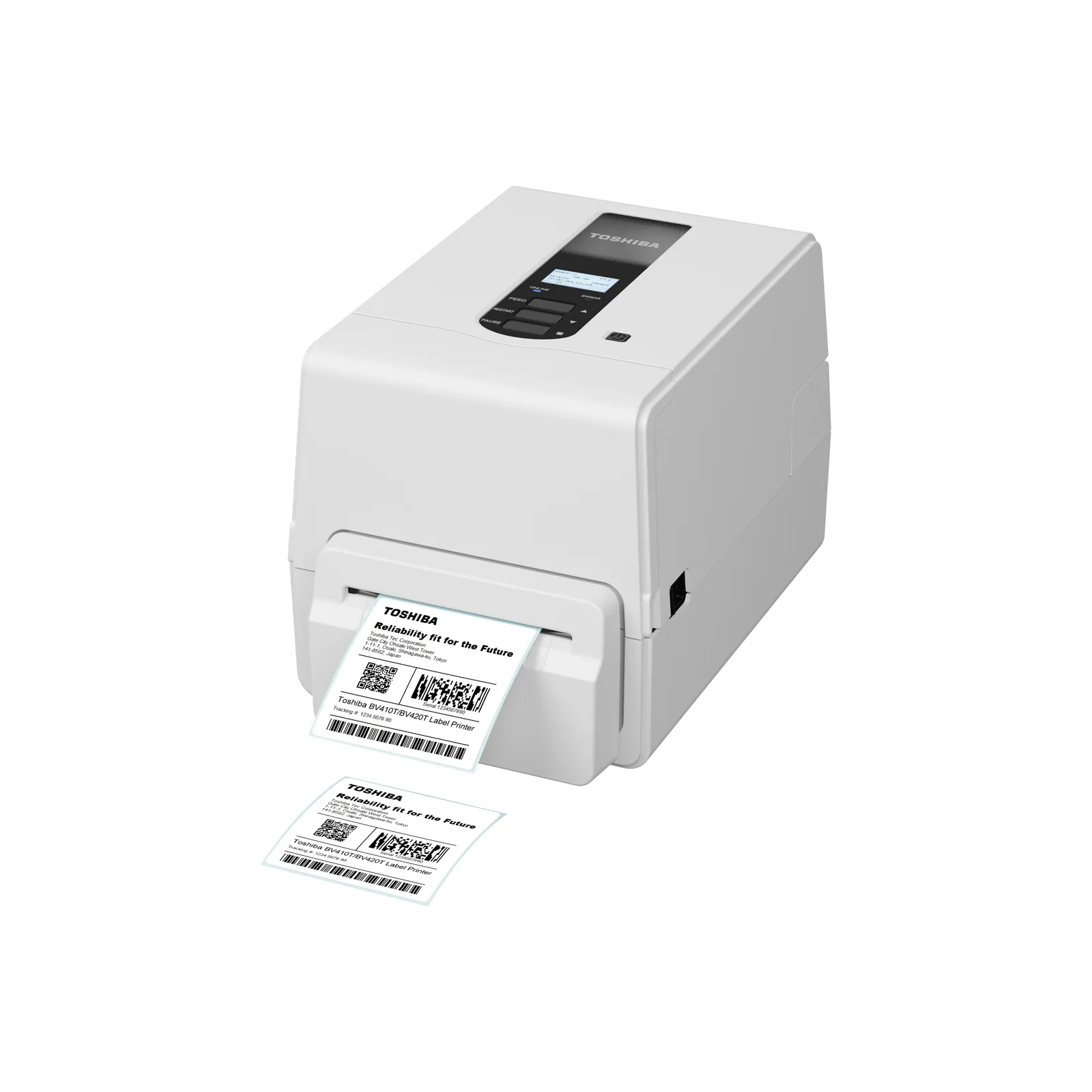 Stampante Toshiba BV410T - vista tre quarti da sinistra, con taglierina ed etichetta