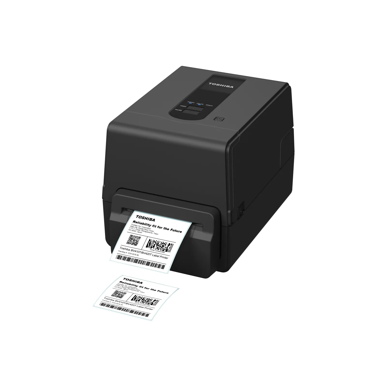 Stampante Toshiba BV420T - vista tre quarti da sinistra, con taglierina ed etichetta