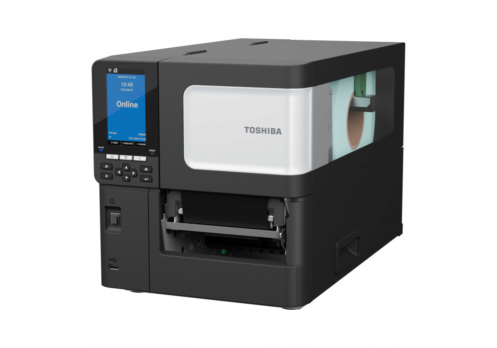Stampante Toshiba BX410T di tre quarti, con il vano nastro aperto