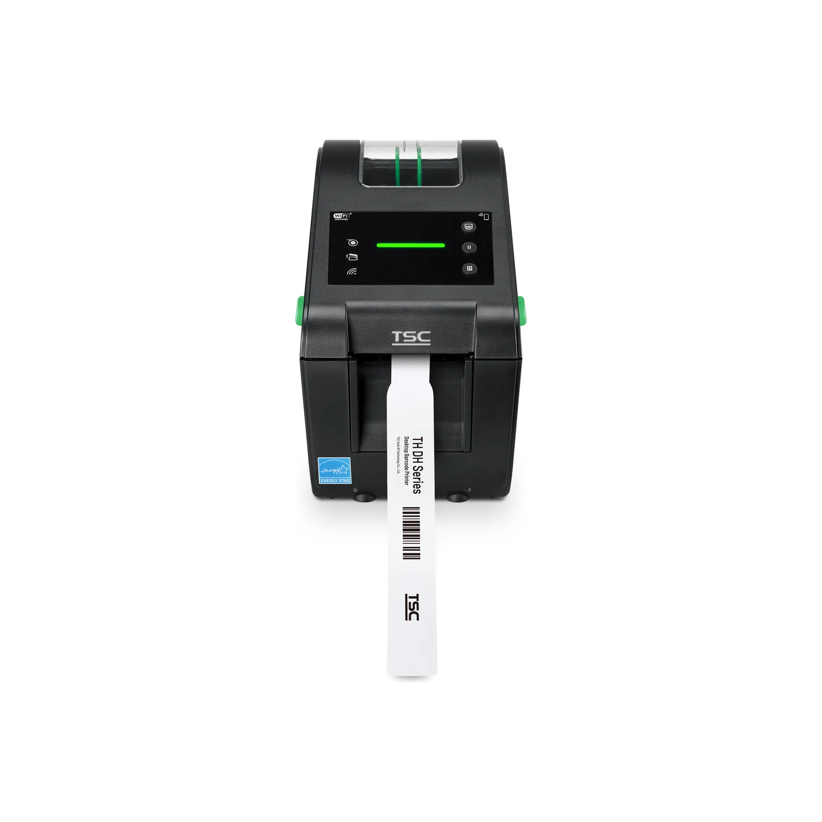 Stampante TSC DH220L - vista DH220L di fronte con un braccialetto stampato in uscita (sul