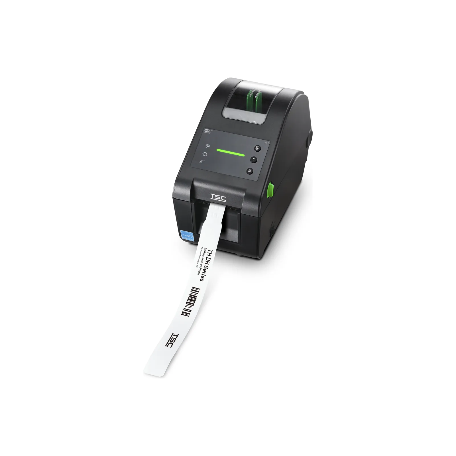Stampante TSC DH220L - vista DH220L di tre quarti da sinistra con il braccialetto stampat