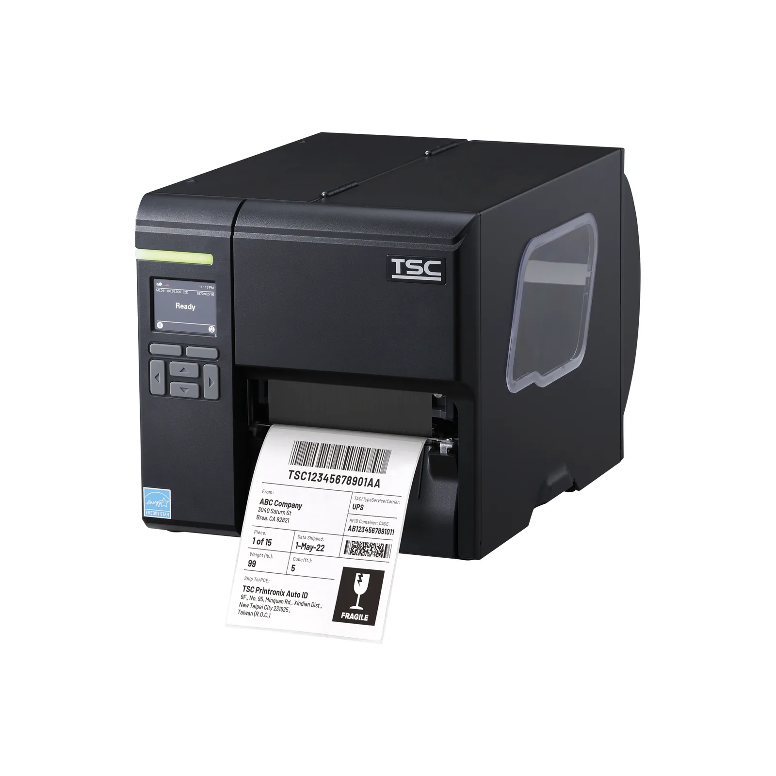 Stampante TSC ML241 - vista tre quarti fronte sinistro, coperchio chiuso, con etichetta in uscita