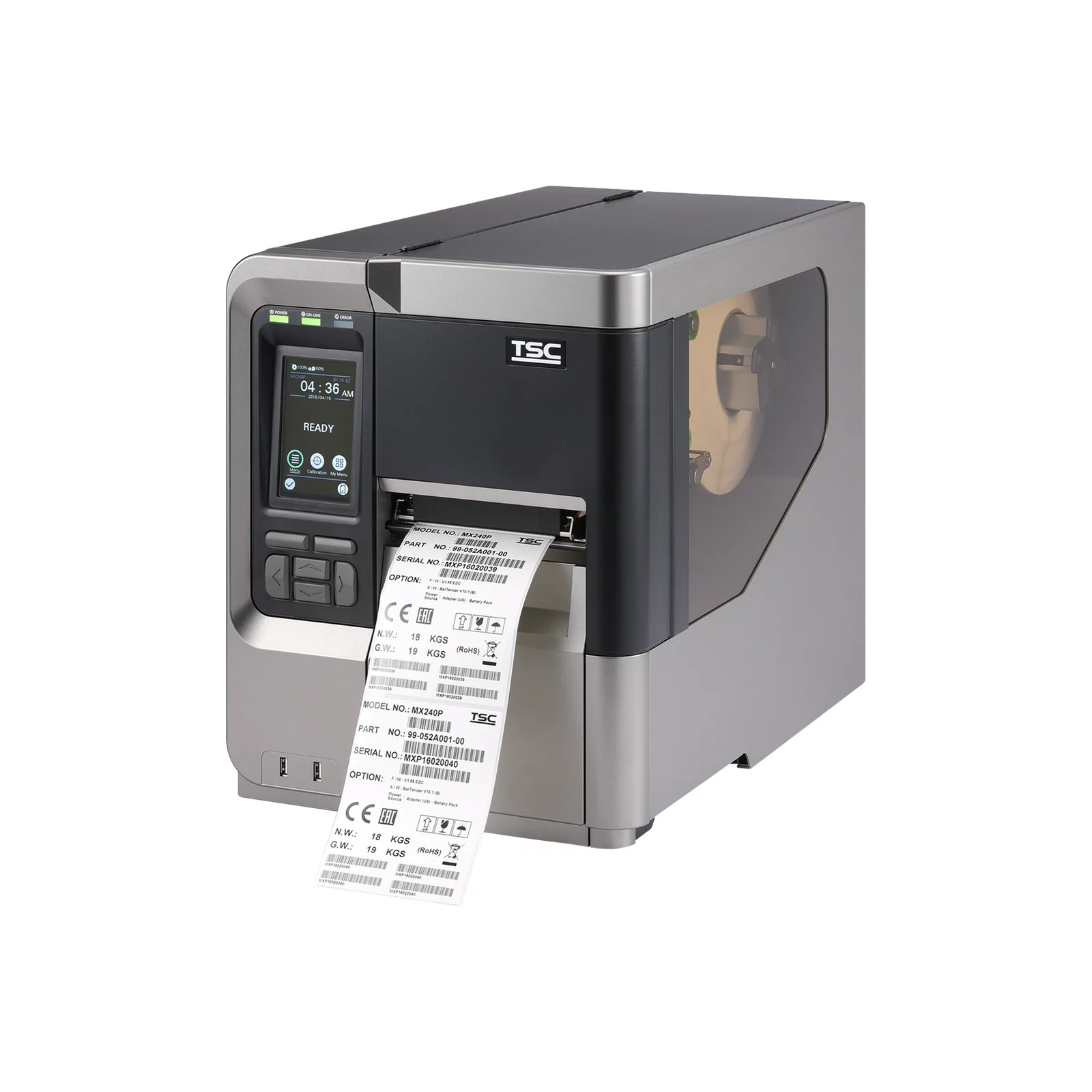 Stampante TSC MX240P - vista tre quarti fronte sinistro, coperchio chiuso, con etichette in uscita