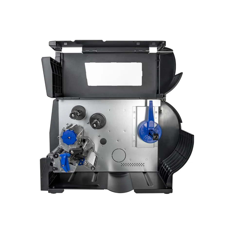 Stampante TSC Printronix T4000 - vista T4000 con sportello bifold aperto: vano supporti in metallo,