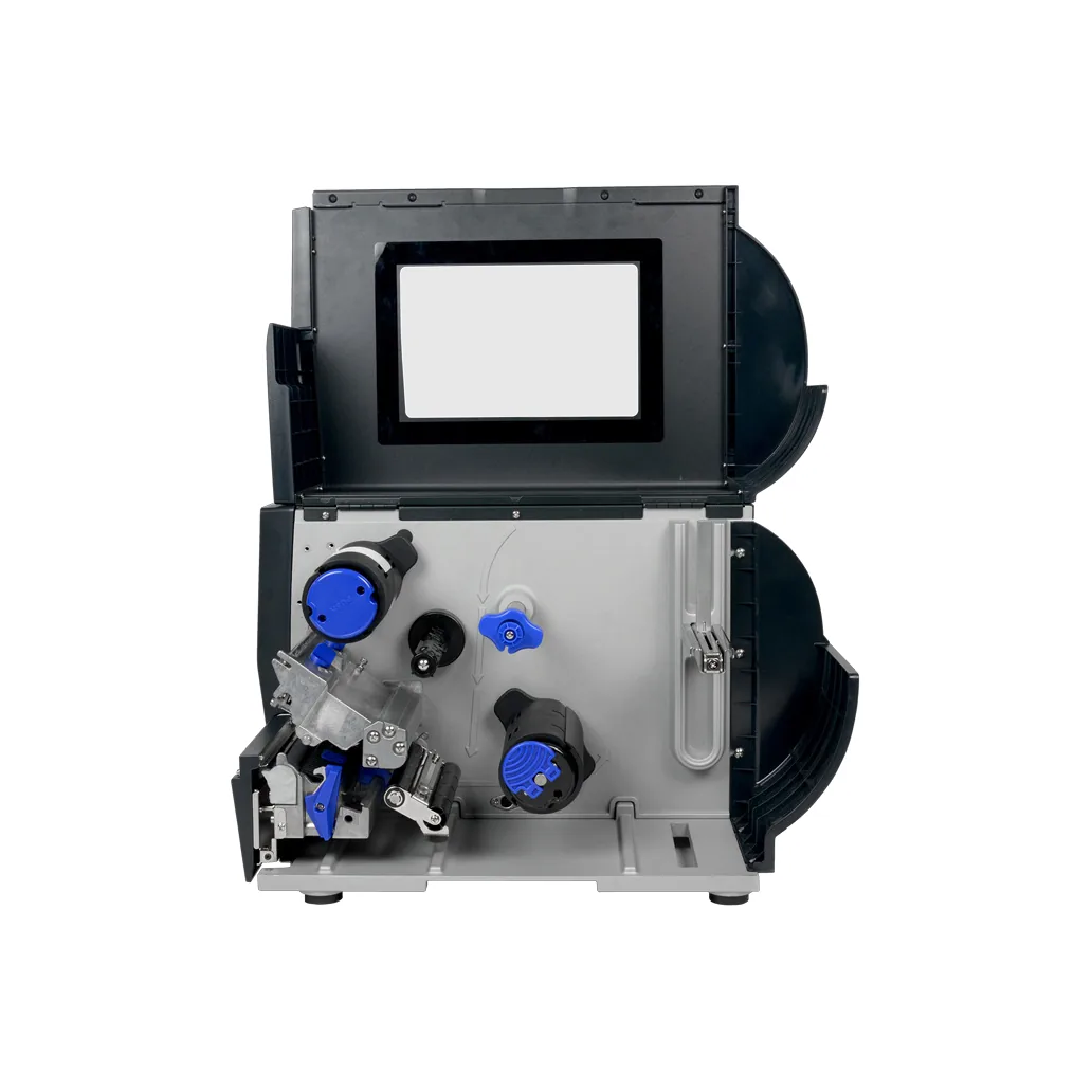 Stampante TSC Printronix T6000e - vista Vano supporti aperto visto di lato: mandrini del nastro, gru