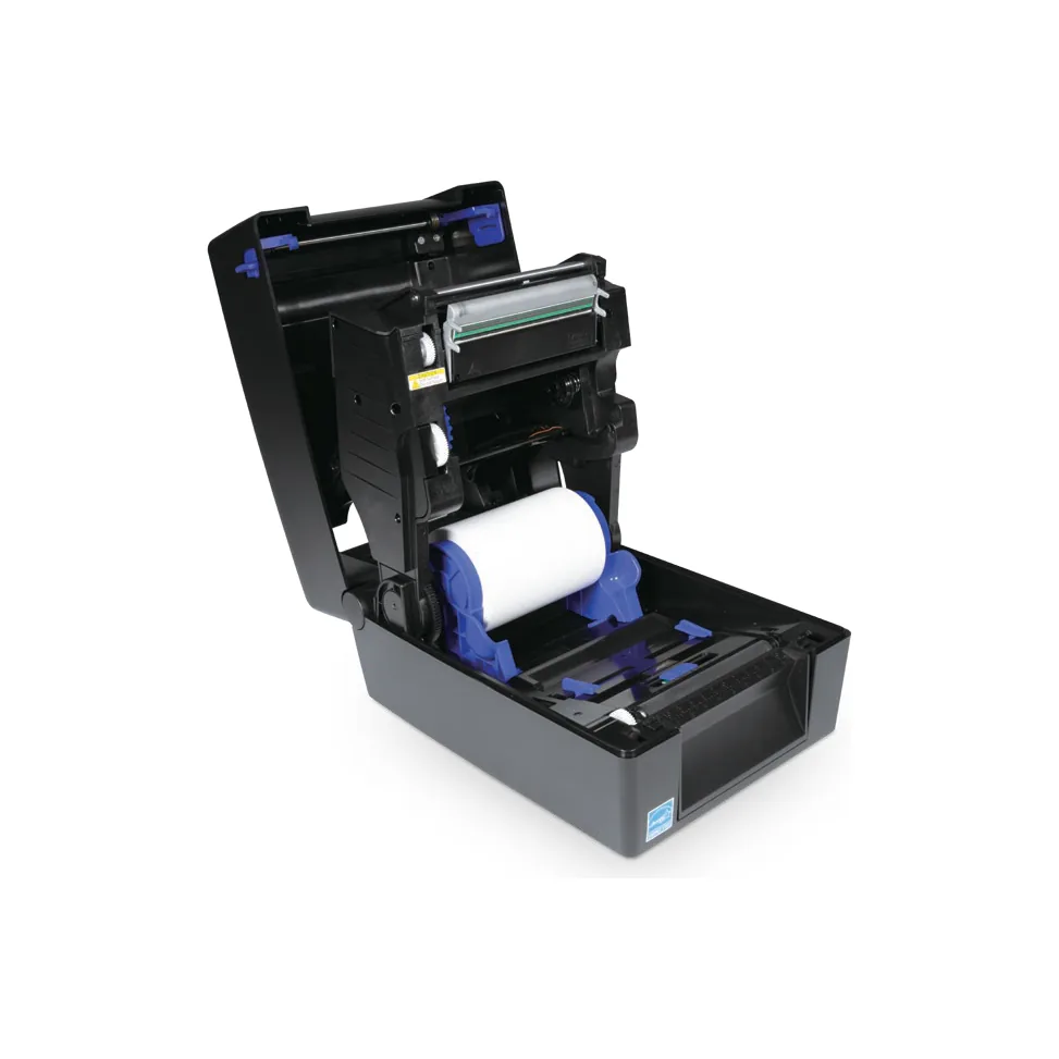 Stampante TSC Printronix T800 - vista T800 aperta: coperchio a conchiglia sollevato, meccanismo te