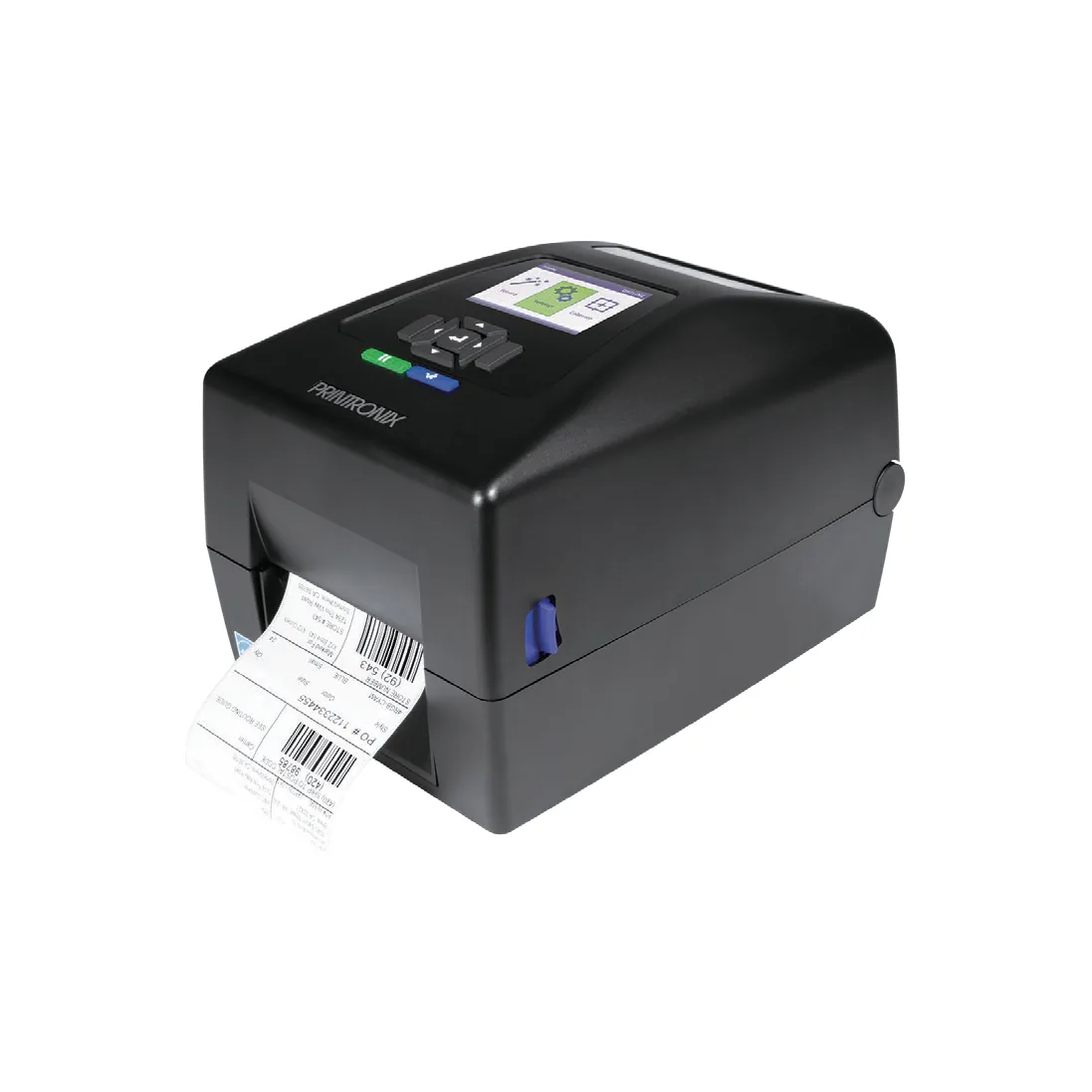 Stampante TSC Printronix T800 - vista T800 vista di tre quarti dall'alto, display a colori e tasti