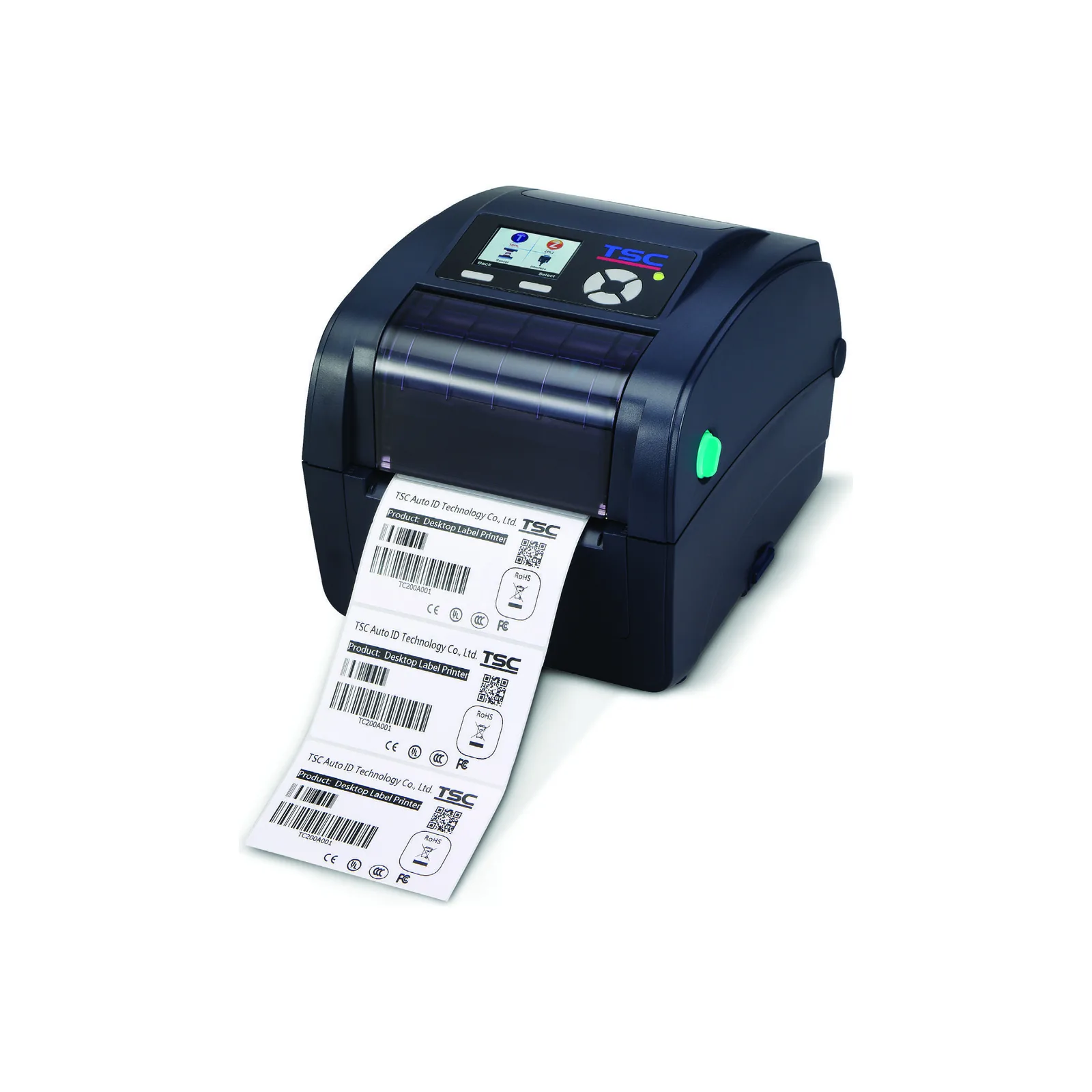 Stampante TSC TC - vista tre quarti anteriore sinistro (chiusa, navy, display a colori)