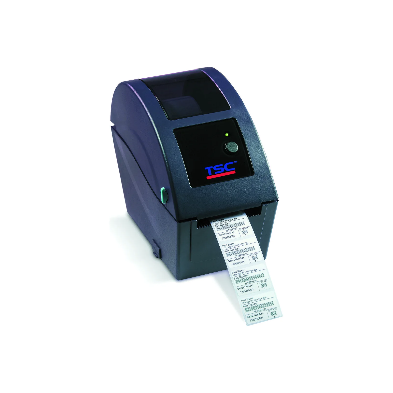 Stampante TSC TDP-225 Series - vista tre quarti anteriore destro (chiusa, colore navy)