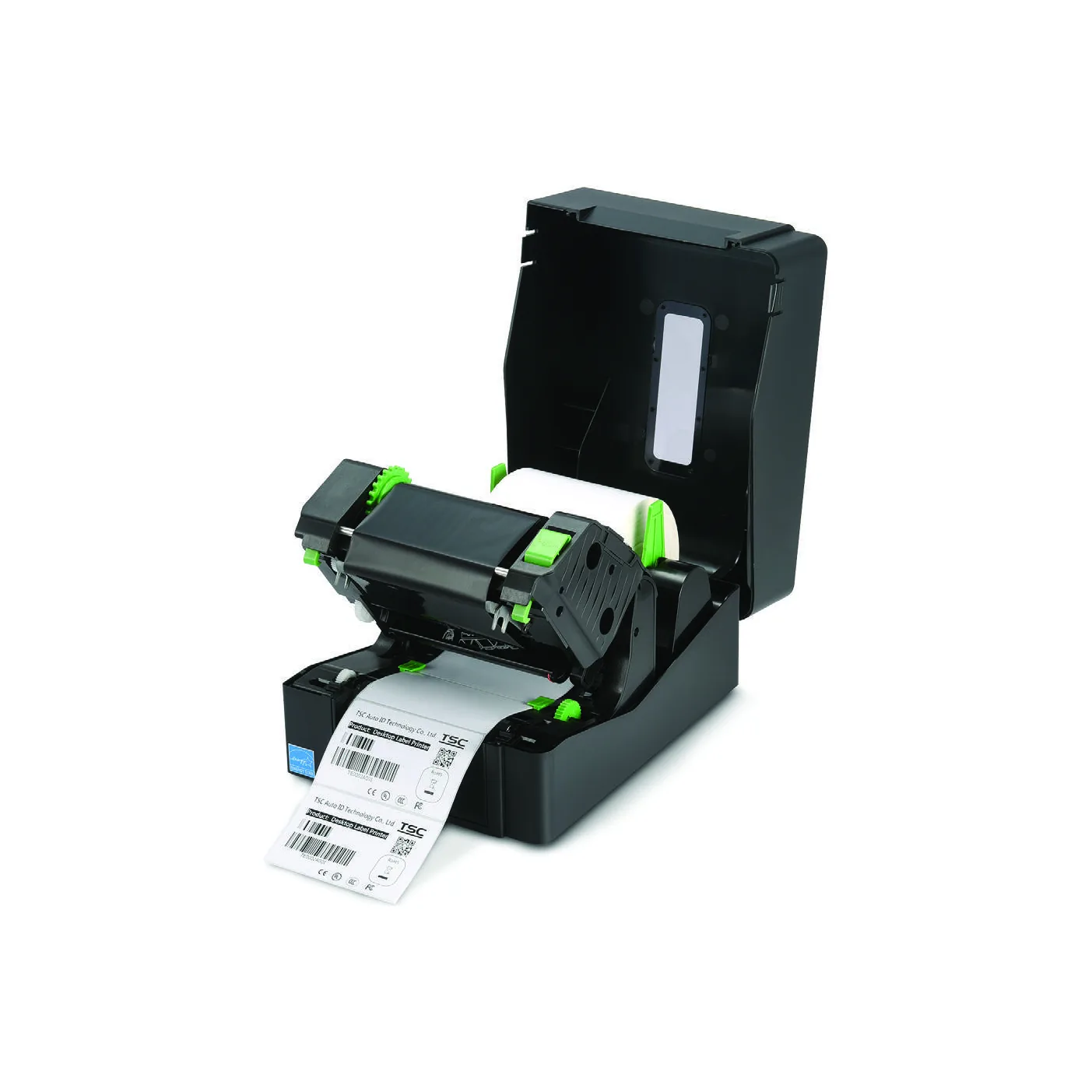 Stampante TSC TE200 - vista aperta (coperchio alzato, carrello ribbon e rotolo in vista)