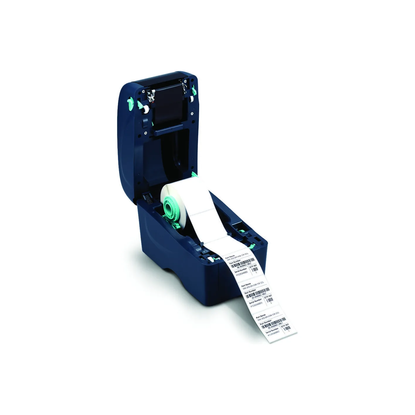 Stampante TSC TTP-225 Series - vista aperta (clamshell alzato, rotolo in vista)