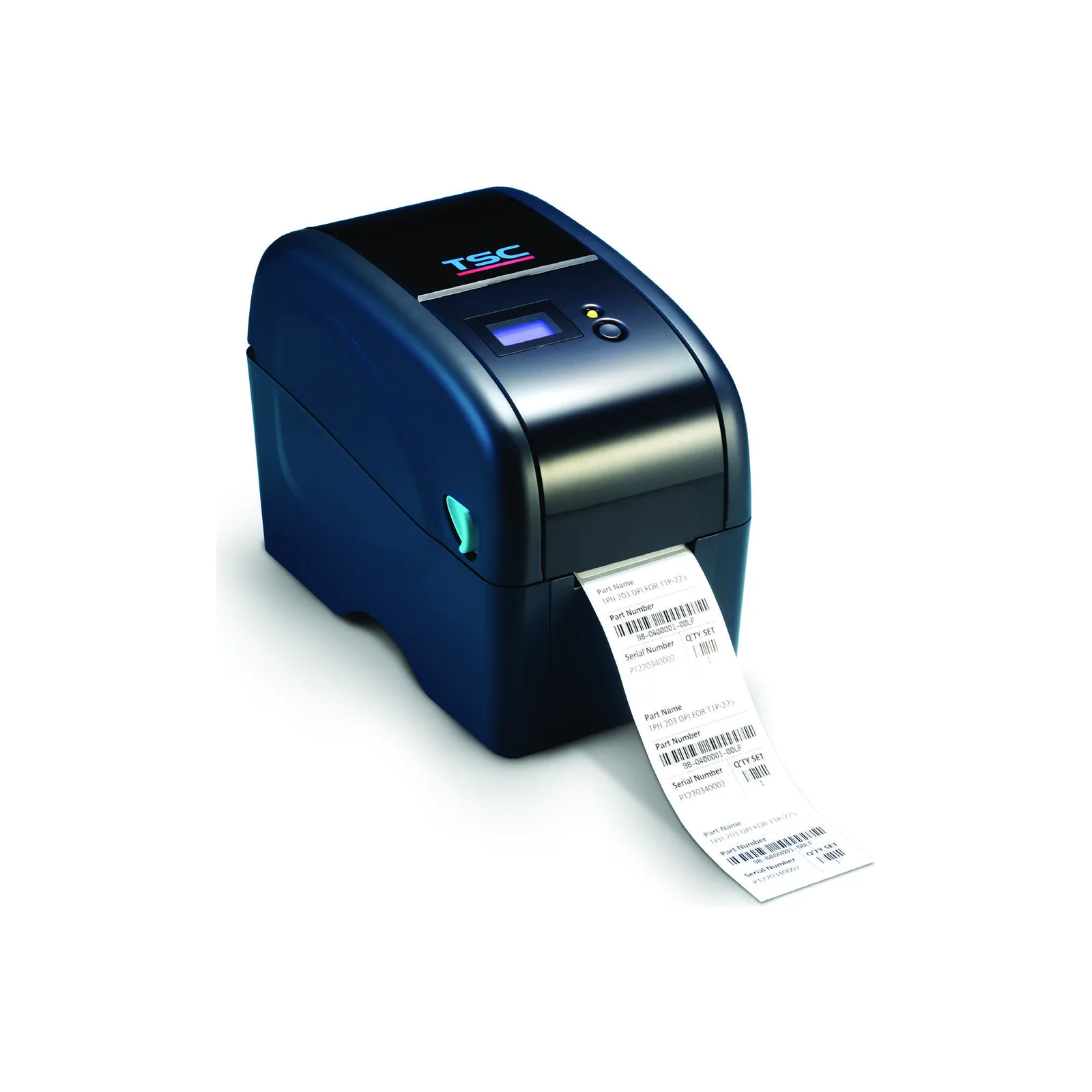 Stampante TSC TTP-225 Series - vista tre quarti anteriore destro (chiusa, navy, display LCD)