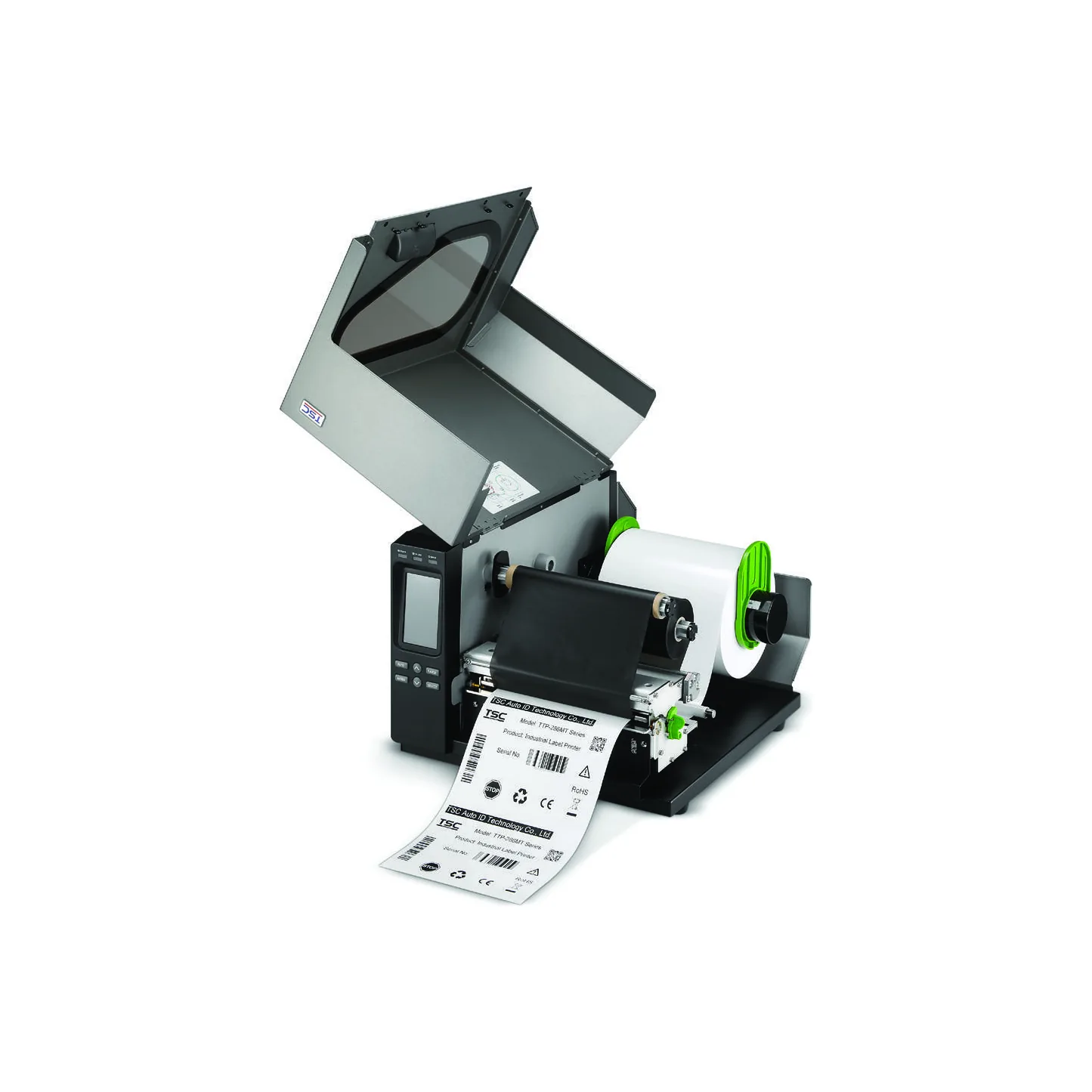 Stampante TSC TTP-286MT - vista aperta (sportello alzato, ribbon e rotolo in vista)