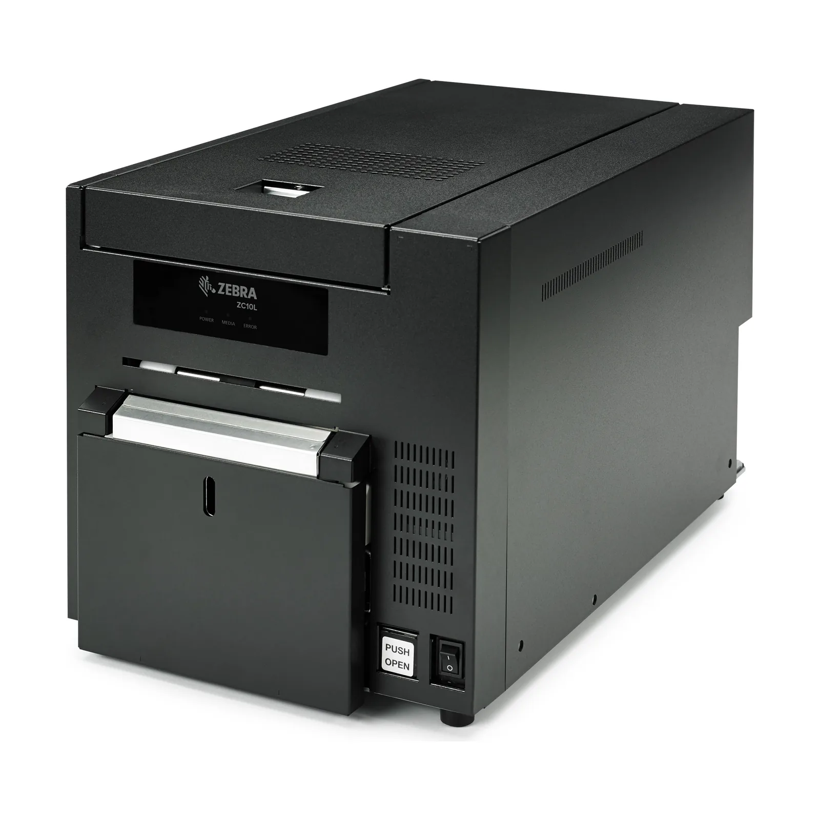 Stampante Zebra ZC10L - vista fronte, tre quarti sinistra