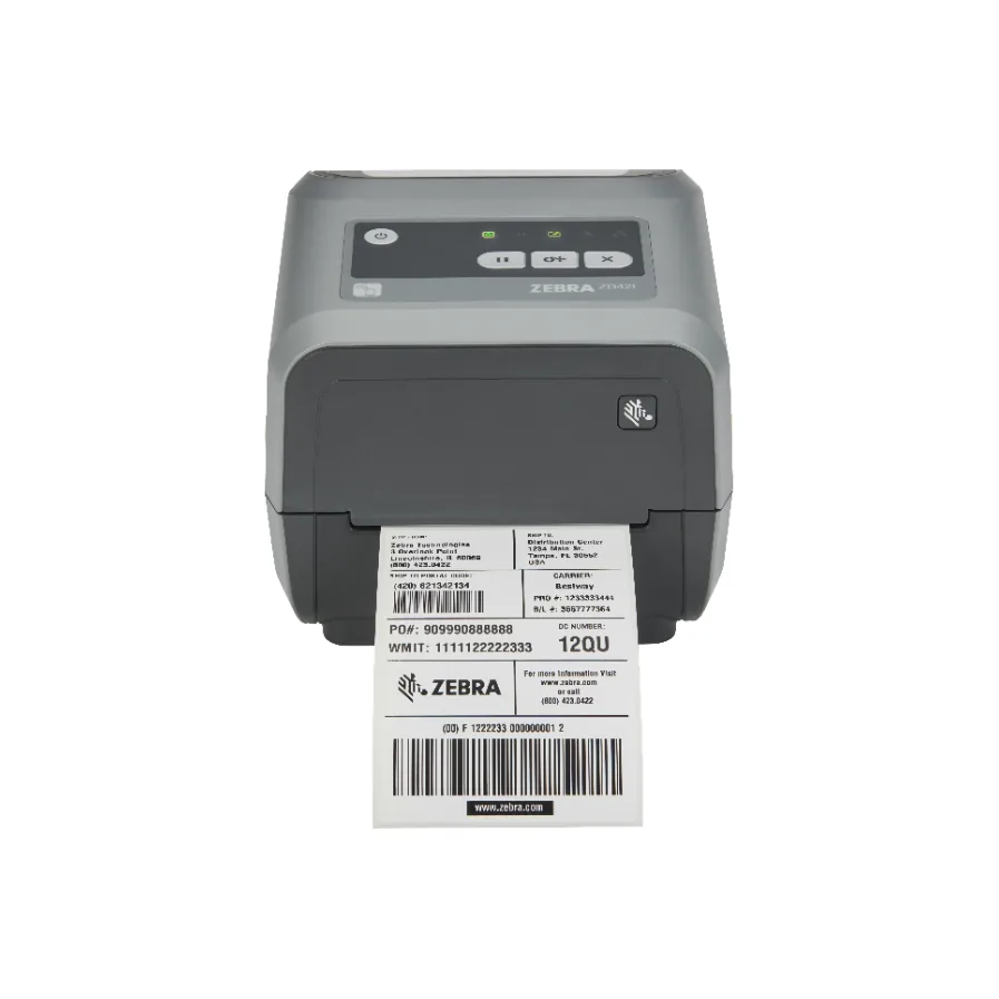 Stampante Zebra ZD421c a cartuccia di nastro - vista frontale con etichetta di spedizione
