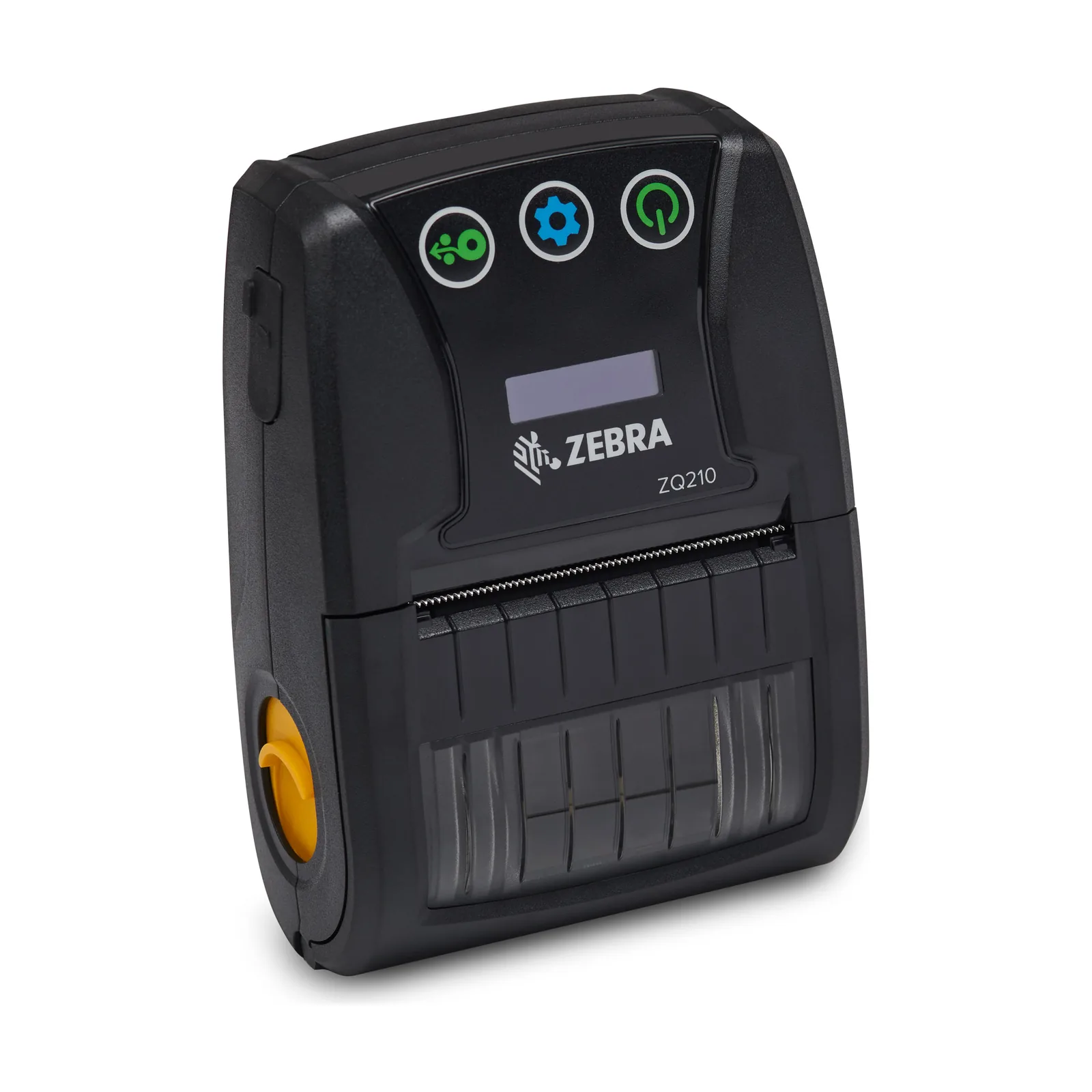 Stampante Zebra ZQ210 - vista tre quarti col lato della levetta gialla