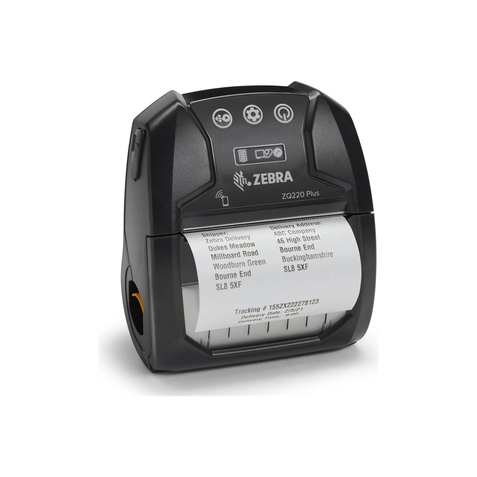 Stampante Zebra ZQ220 PLUS - vista fronte-destra, con rotolo etichette caricato