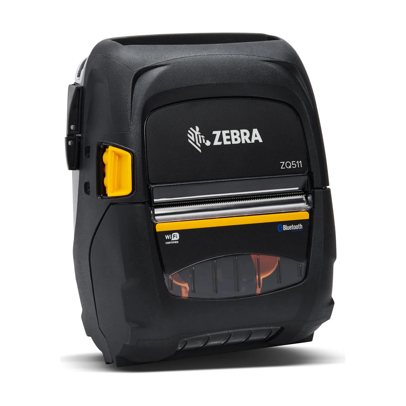 Stampante Zebra ZQ500 - vista tre quarti col lato della levetta gialla