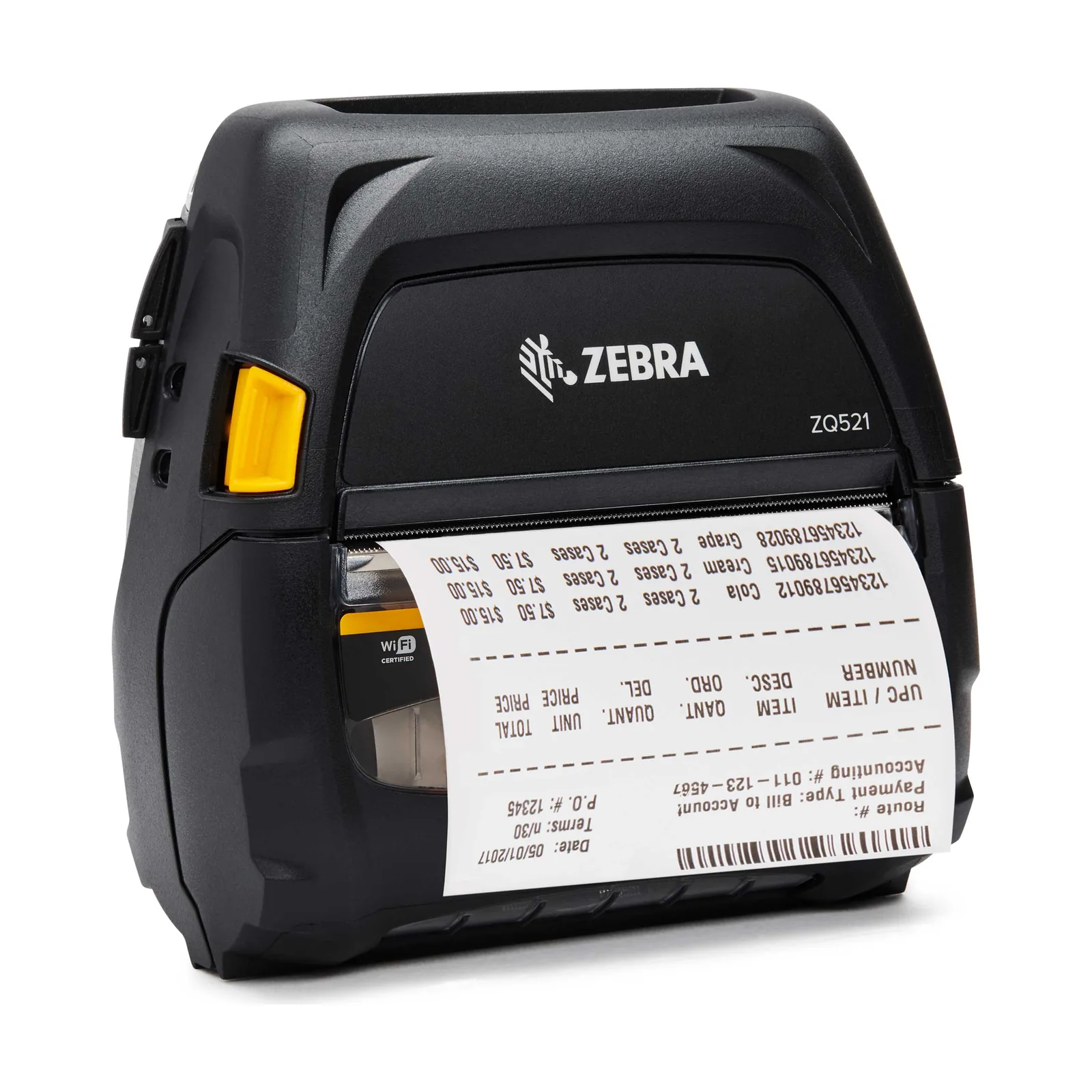 Stampante Zebra ZQ500 - vista tre quarti col lato della levetta gialla