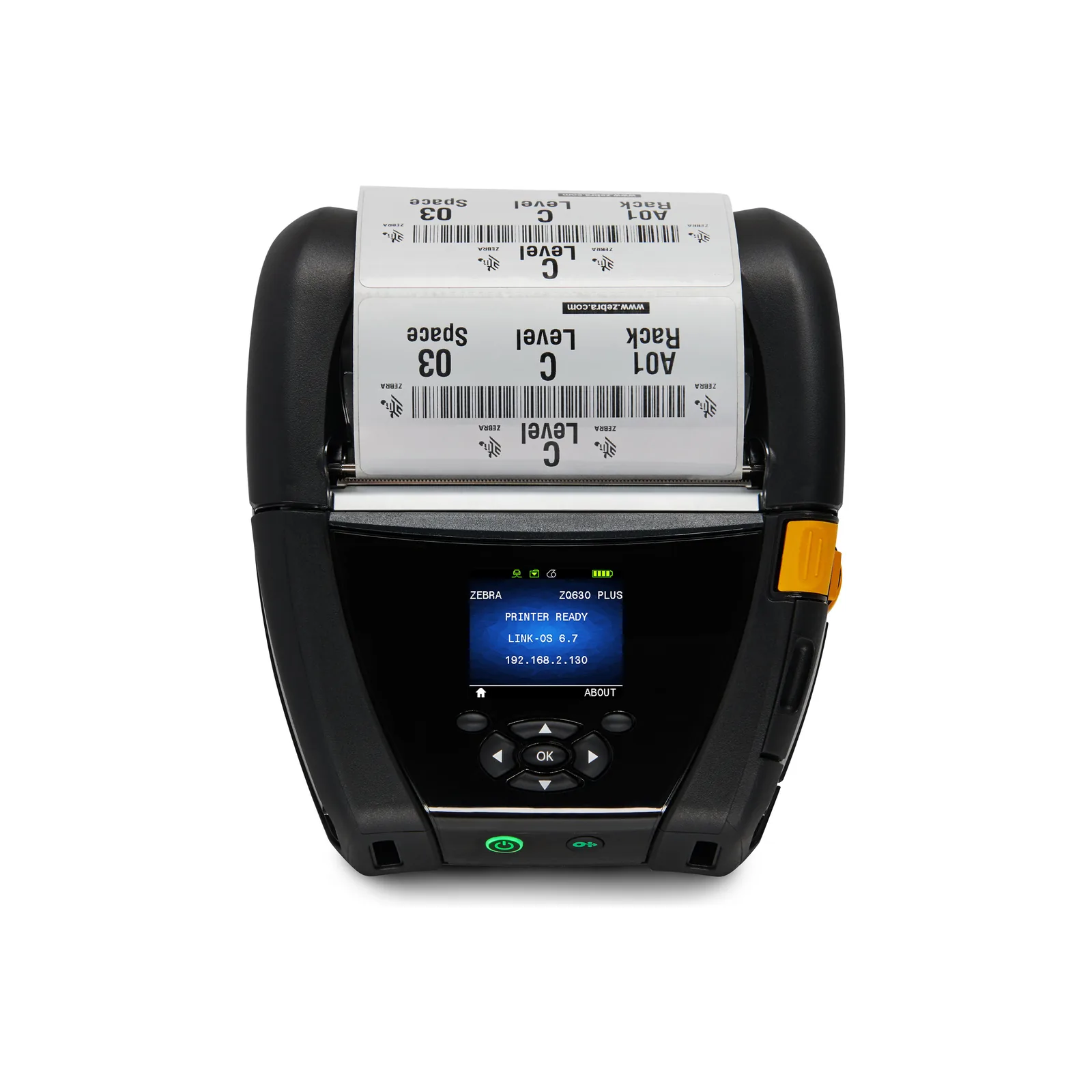 Stampante Zebra ZQ600 Plus - vista fronte (con etichette/rotolo caricato)