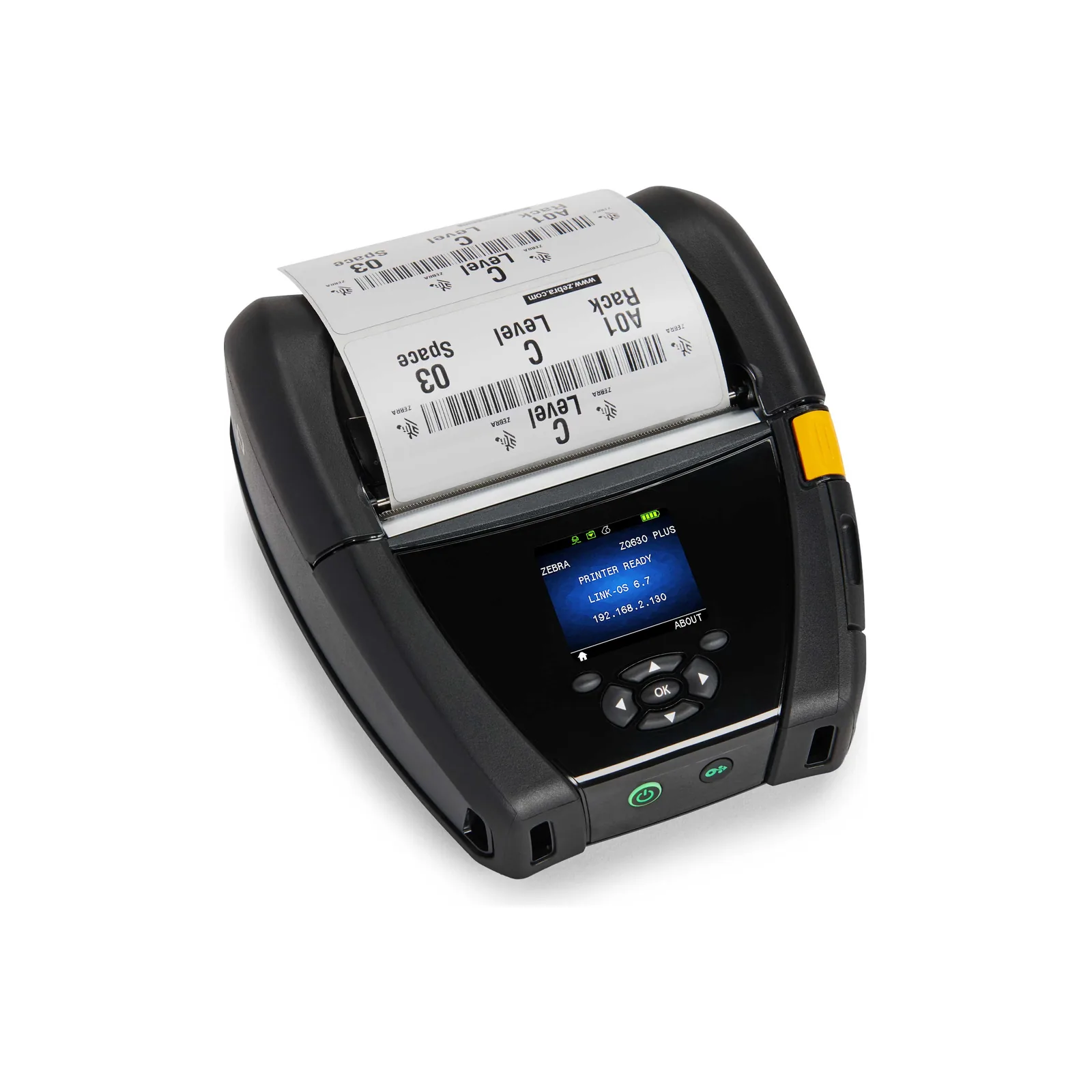 Stampante Zebra ZQ600 Plus - vista fronte (da destra) (con etichette/rotolo caricato)
