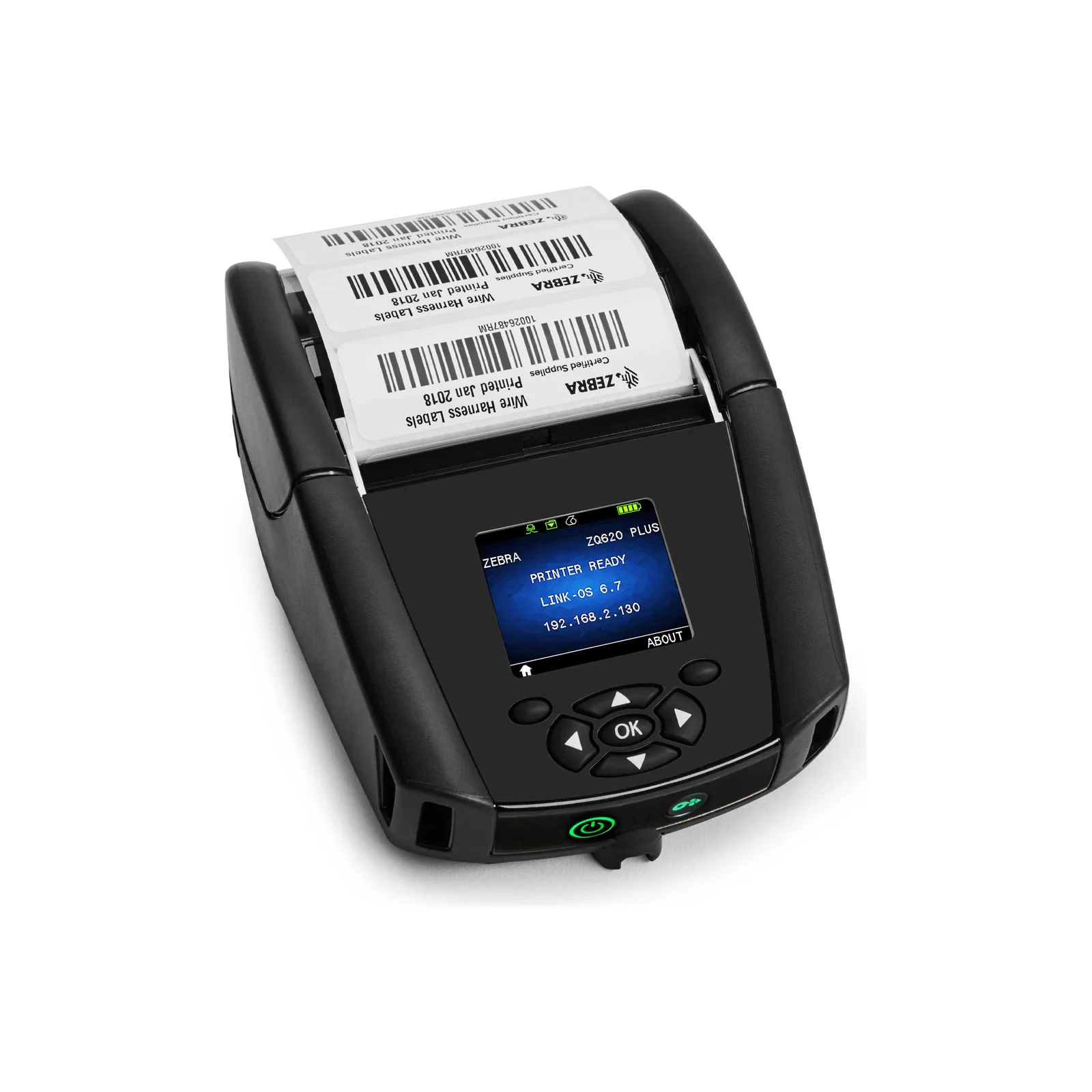 Stampante Zebra ZQ600 Plus - vista fronte (da destra) (con etichette/rotolo caricato)