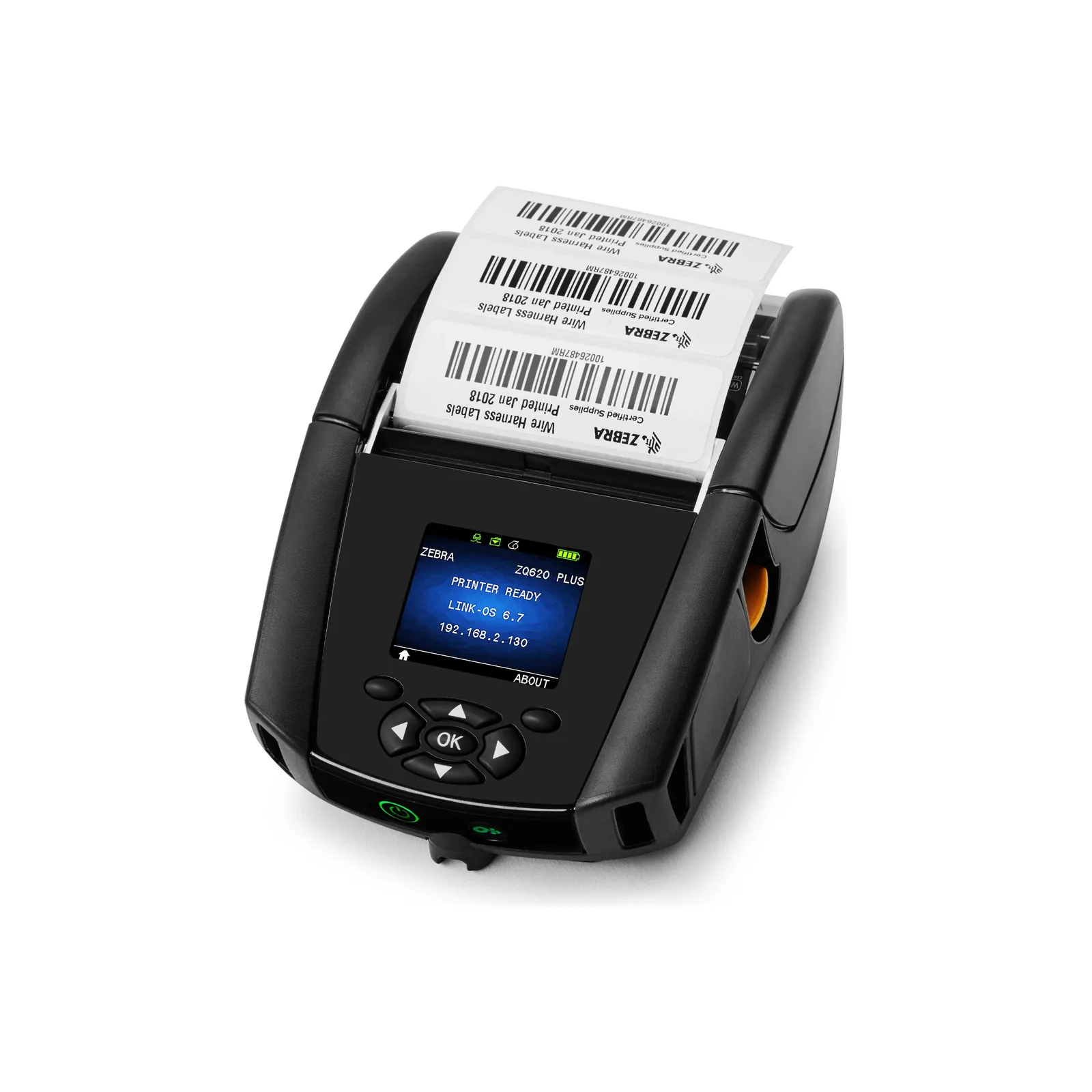 Stampante Zebra ZQ600 Plus - vista fronte (da sinistra) (con etichette/rotolo caricato)