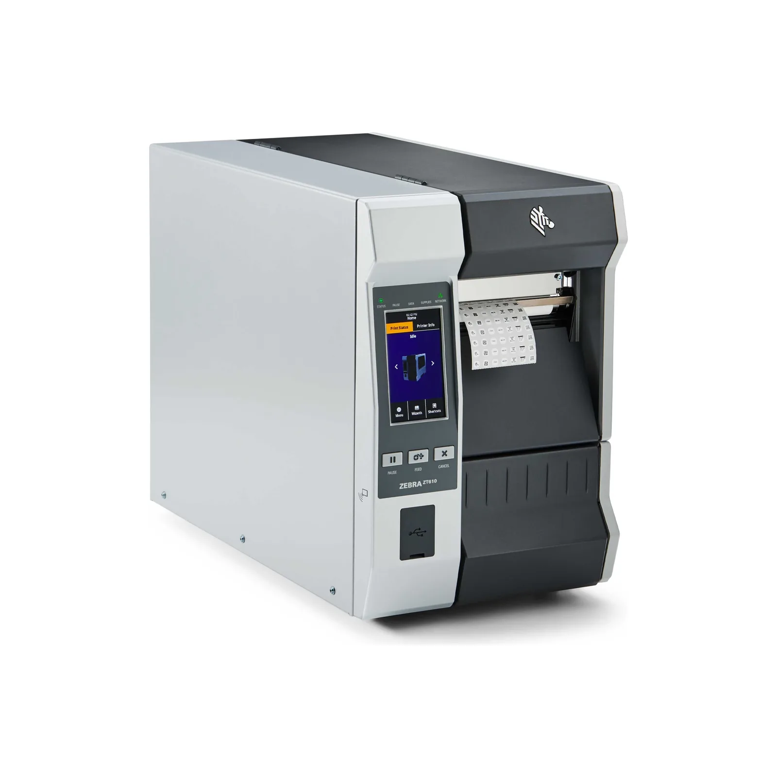 Stampante Zebra ZT610 - vista tre quarti con etichetta