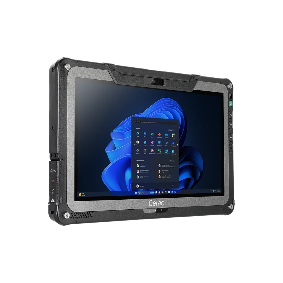 Tablet Getac F110 - vista tre quarti fronte-sinistra, schermo acceso