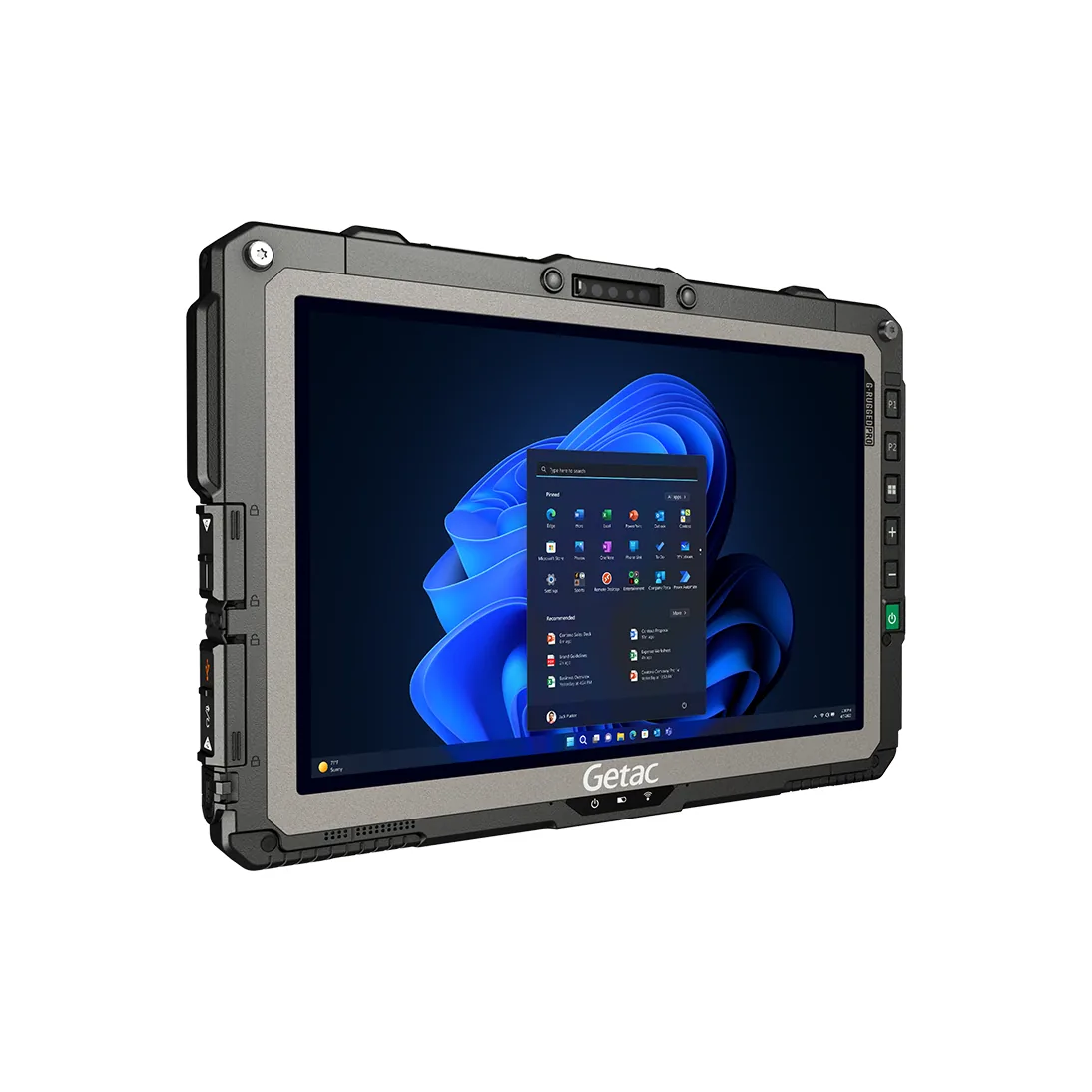 Tablet Getac UX10 - vista tre quarti fronte-sinistra, schermo acceso