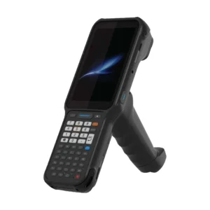 Terminale Bluebird EK430 - vista tre quarti fronte, versione con impugnatura a pistola, tastiera alfanumerica 47 tasti