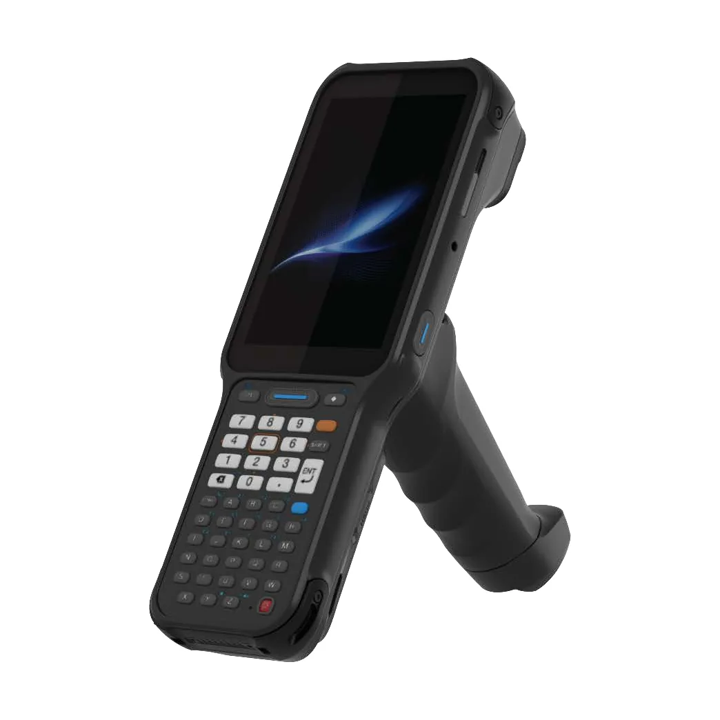 Terminale Bluebird EK430 - vista tre quarti fronte, versione con impugnatura a pistola, tastiera alfanumerica 47 tasti