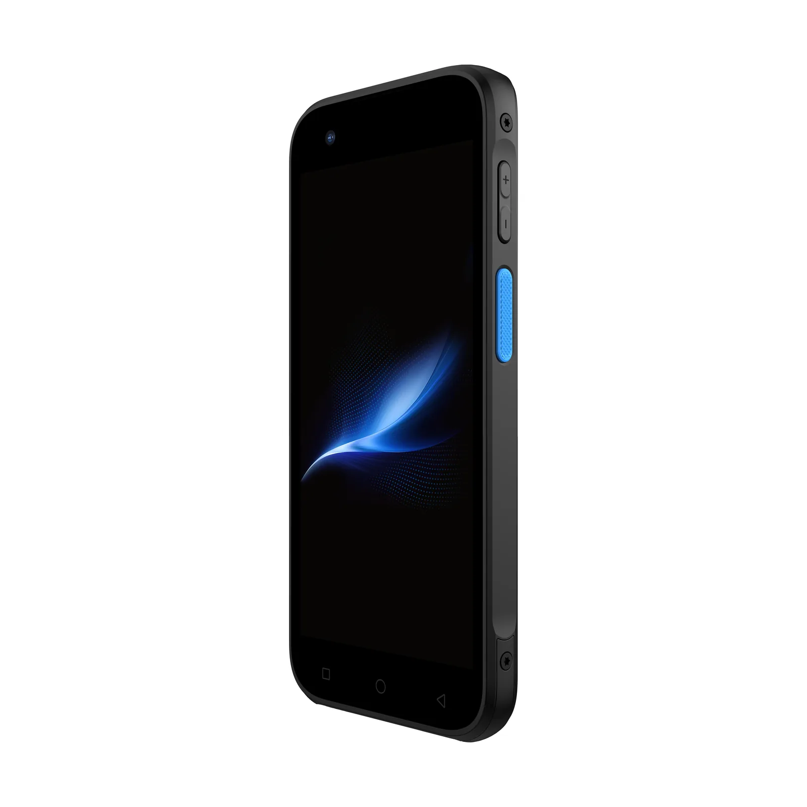 Terminale Bluebird S10 - vista tre quarti fronte (lato con tasto di scansione blu e volume)